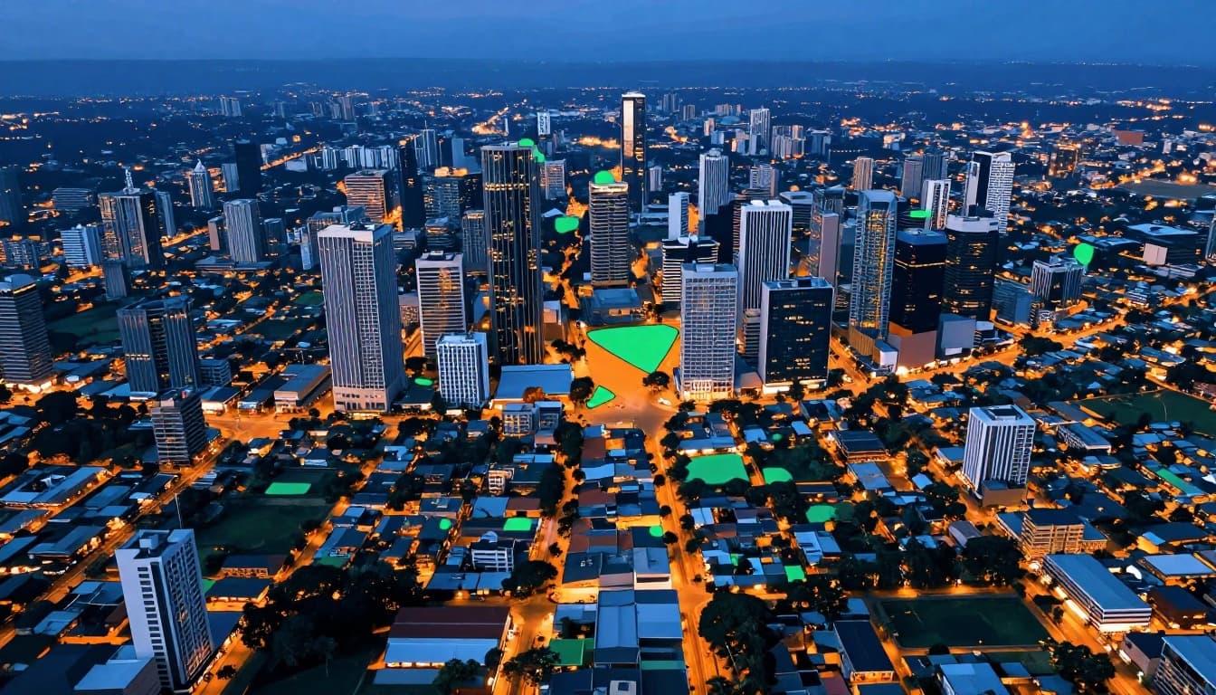 Aerial illustrative map of Nairobi city skyline at dusk, highlighting Westlands, Kilimani, and Nairobi CBD neighborhoods with subtle blue, green, and orange overlays, vibrant lighting, and clear central focus.