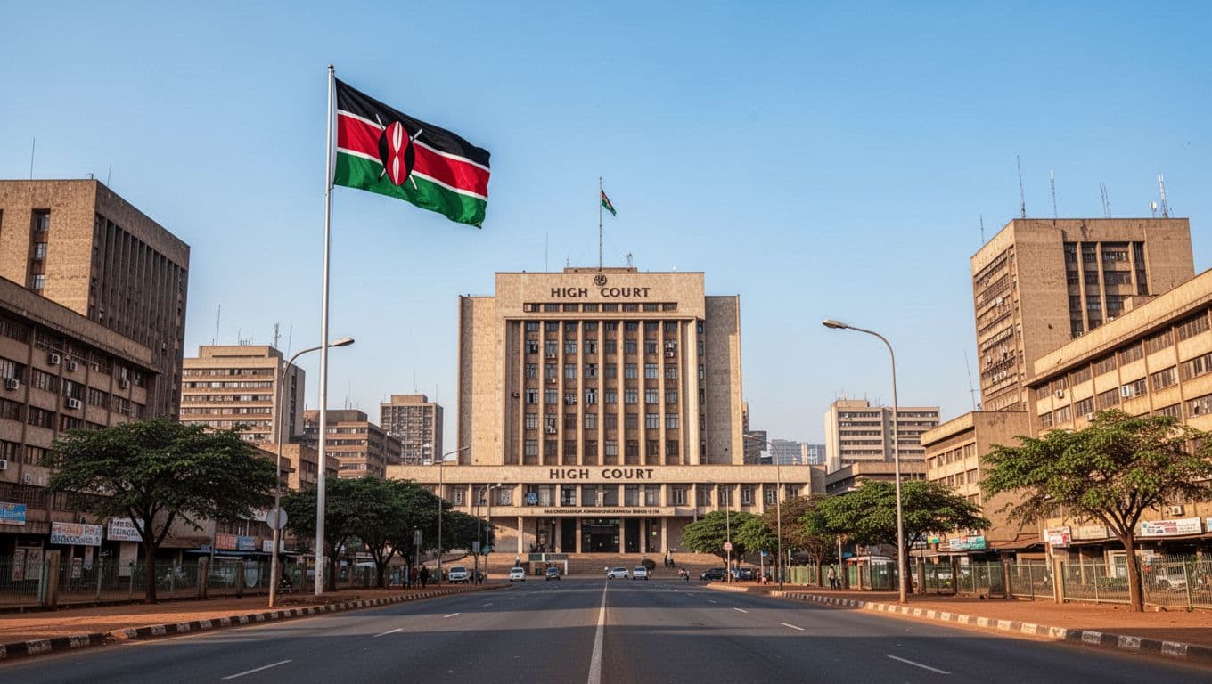 Realistic landscape photo of Nairobi skyline featuring the prominent High Court building and waving Kenyan flag under clear blue sky, symbolizing legal battles over digital policies like IMEI registration.