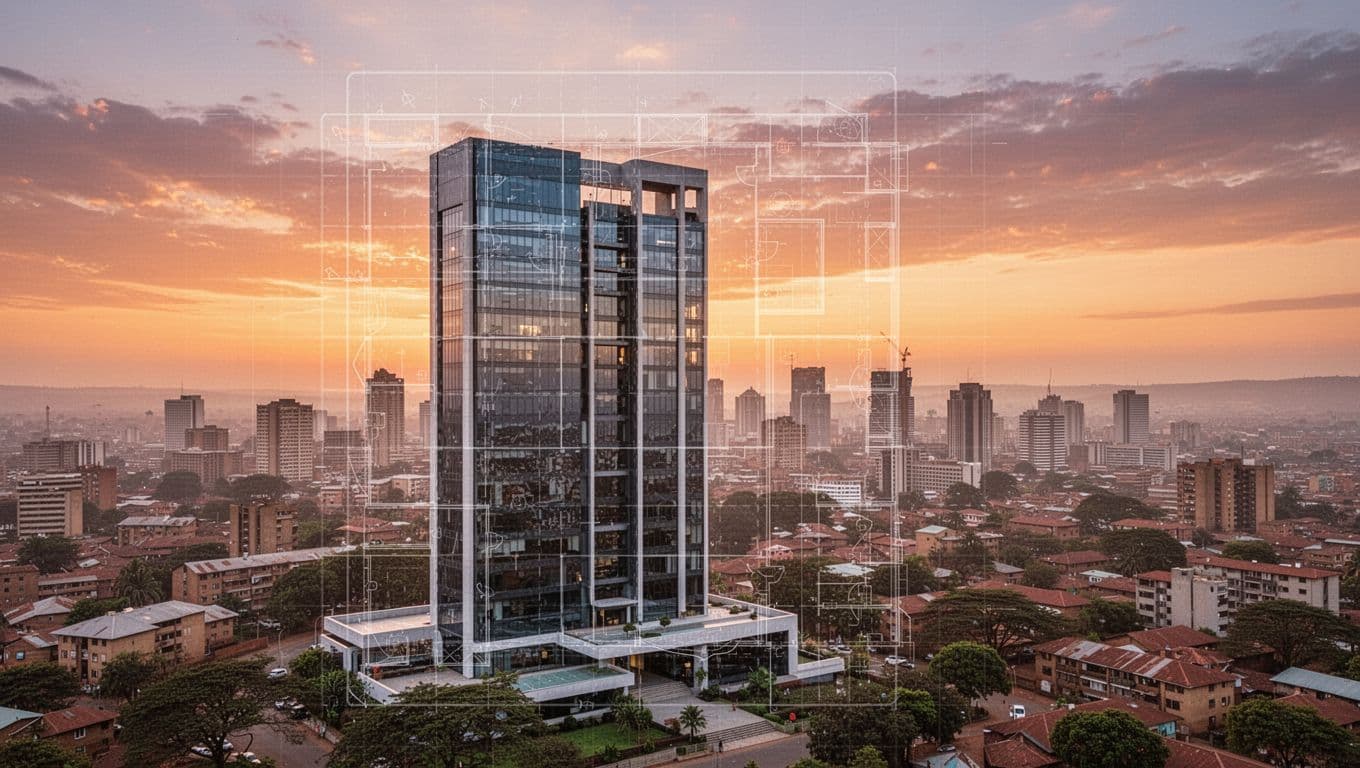 Vibrant Nairobi skyline at sunset featuring a modern office building in the foreground, blended with a digital overlay of a property website wireframe, realistic photo style, landscape view.