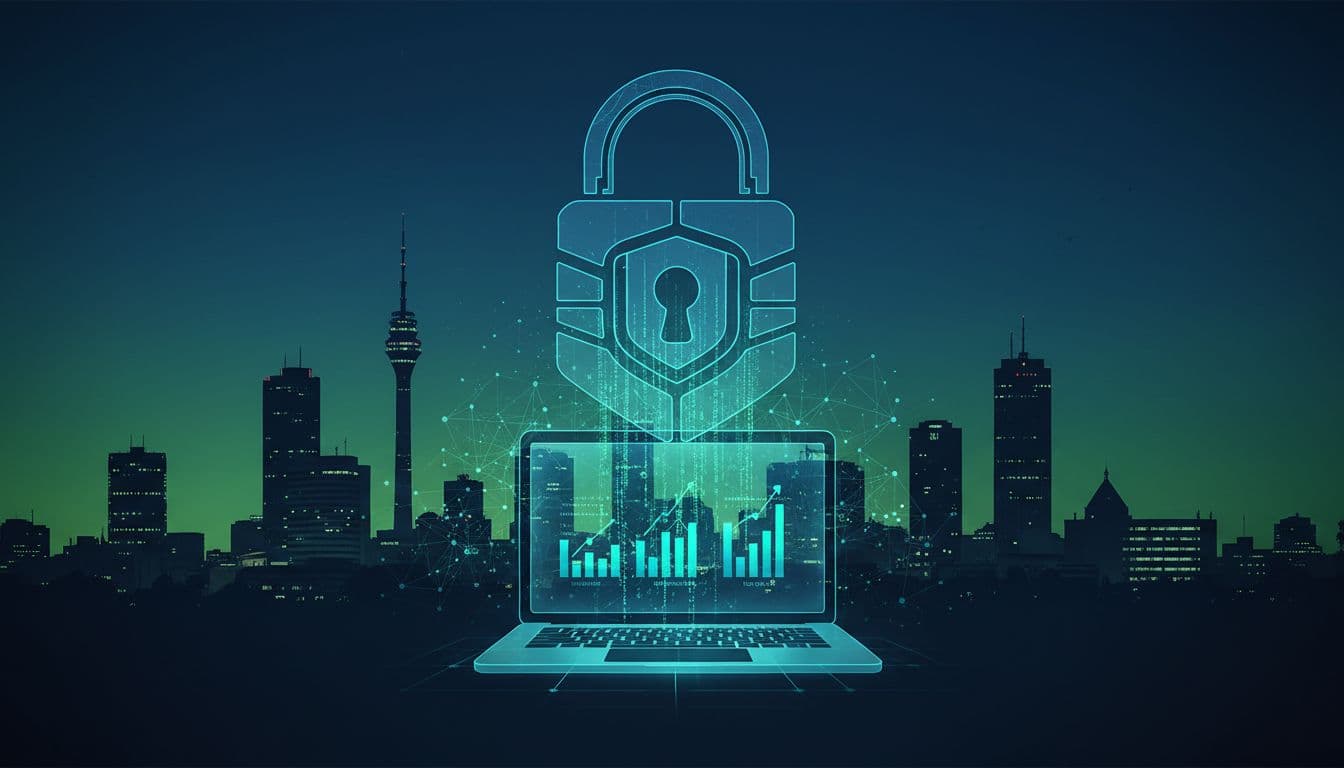 Secure website lock icon integrated into Kenyan skyline with Nairobi buildings and a digital shield protecting a laptop screen displaying performance graphs, featuring subtle cyber elements like code streams in blue and green tones.