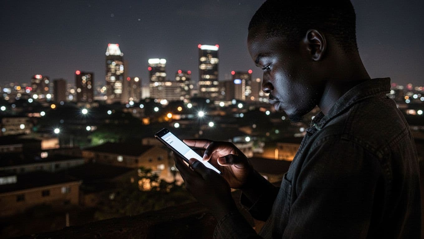 A person reviewing a smartphone against glowing Nairobi city lights.