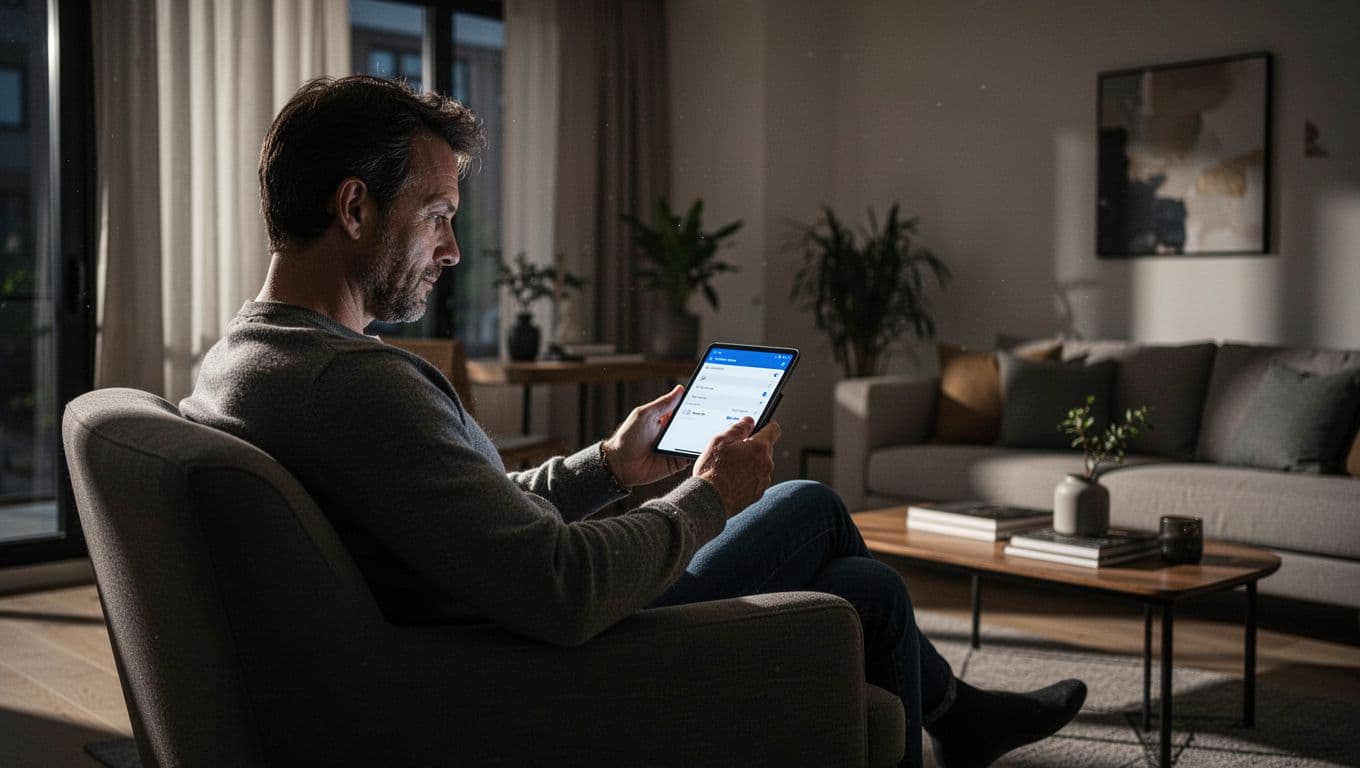 A person checks a smartphone in a dimly lit modern apartment.