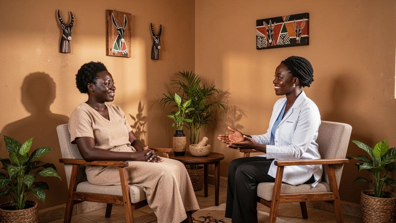 A relaxed African client seated across from a friendly female African therapist in a cozy consultation corner of a Nairobi spa room, discussing massage preferences before the session starts amid warm lighting and Kenyan decor.