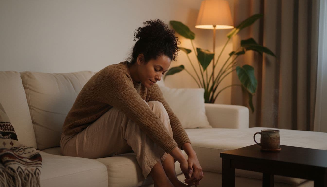 A relaxed solo person performs a gentle seated forward fold stretch on a couch in a cozy Nairobi living room after a spa massage, with a warm mug of herbal tea on the side table, soft evening light, and tropical plants.
