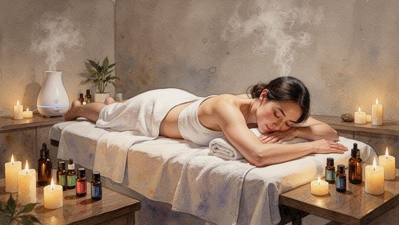 A relaxed person lies face down on a massage table in a serene Nairobi spa room with an aromatherapy diffuser emitting soft mist, essential oil bottles, and warm candlelight illuminating a peaceful expression. Rendered in watercolor style with soft blending and visible brush textures, capturing mood-boosting relaxation.