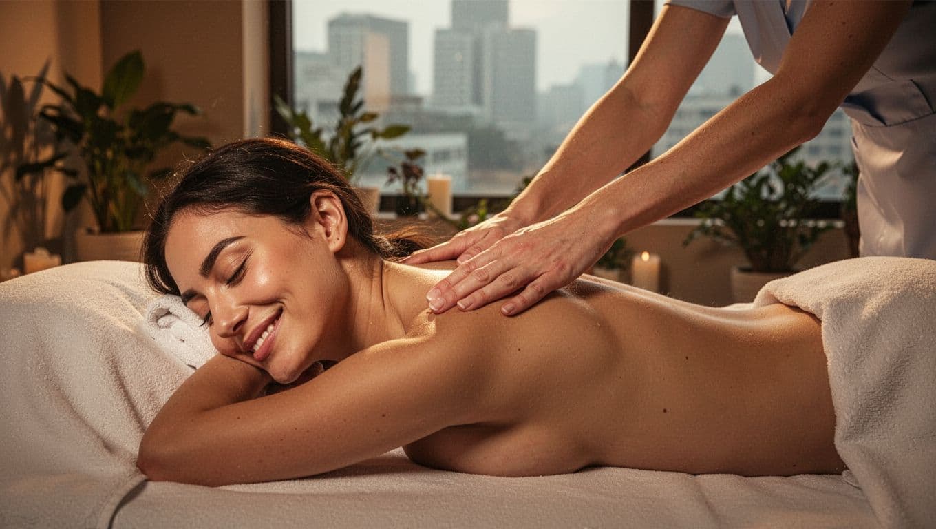 A relaxed person lies face down on a massage table in a serene Nairobi spa room, with a therapist's hands gently massaging their upper back and shoulders to release tension. The client's peaceful side profile smile and renewed energy are highlighted by warm golden lighting in a cinematic style with dramatic shadows.