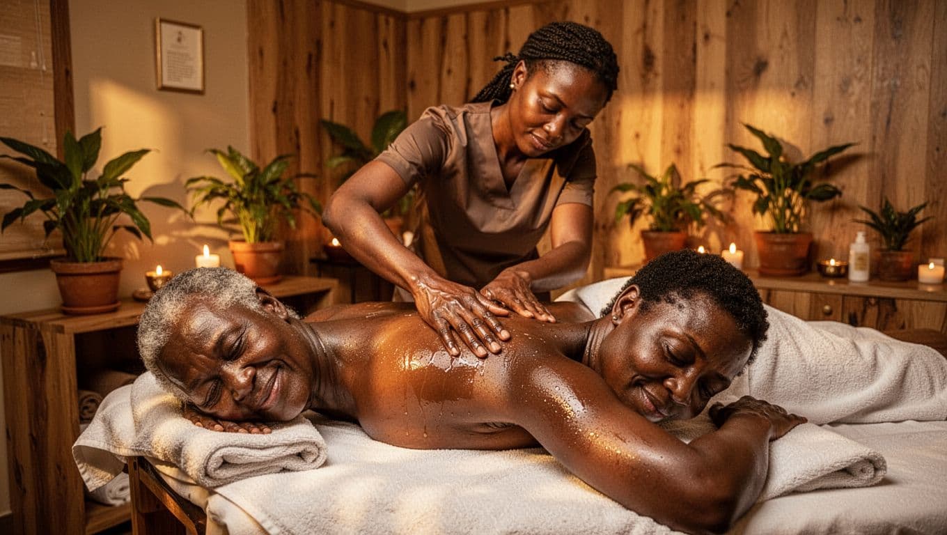 Relaxed middle-aged African client lying face down on a massage table receives a full body massage focusing on back, neck, and shoulders from a female therapist in a cozy Nairobi spa with wooden elements, plants, and soft warm lighting.