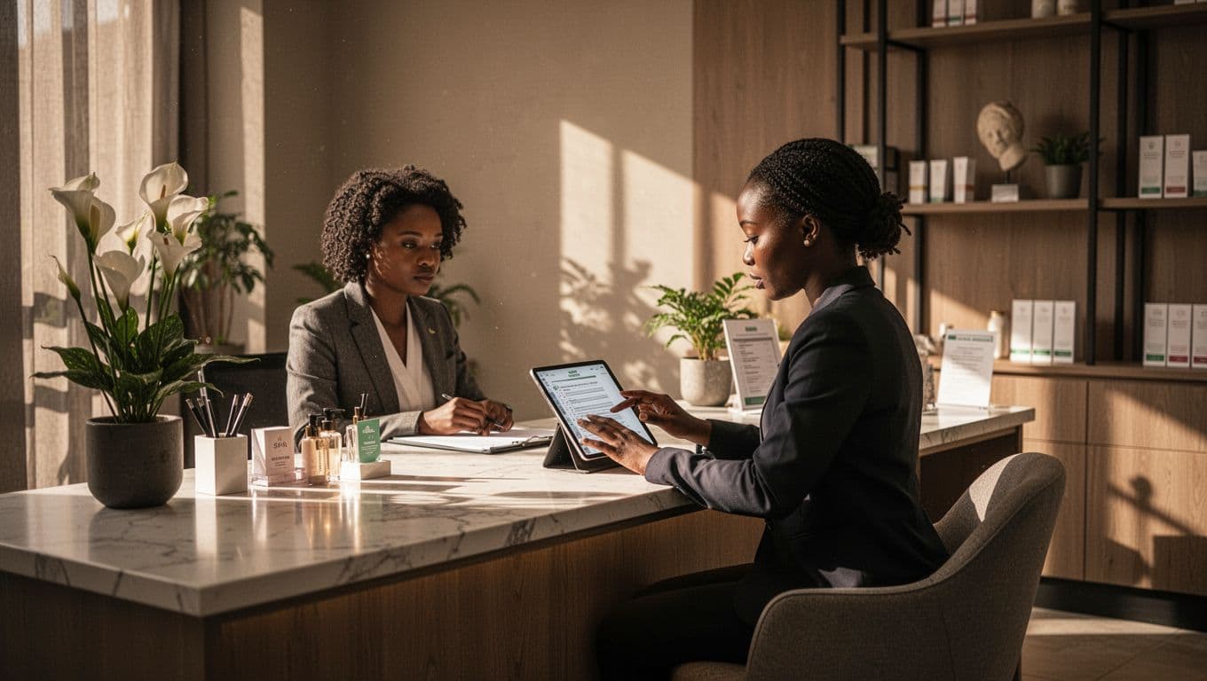 A staff member at a clean spa reception desk with a tablet and warm lighting.