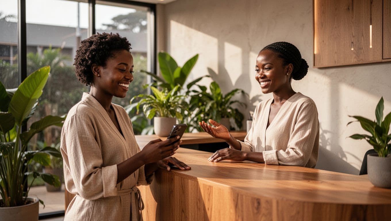 Smiling client in modern Nairobi spa reception checks phone reviews while chatting with friendly receptionist amid relaxed vibe, clean decor with plants and soft lighting, featuring bold 'Check Reviews' top band.