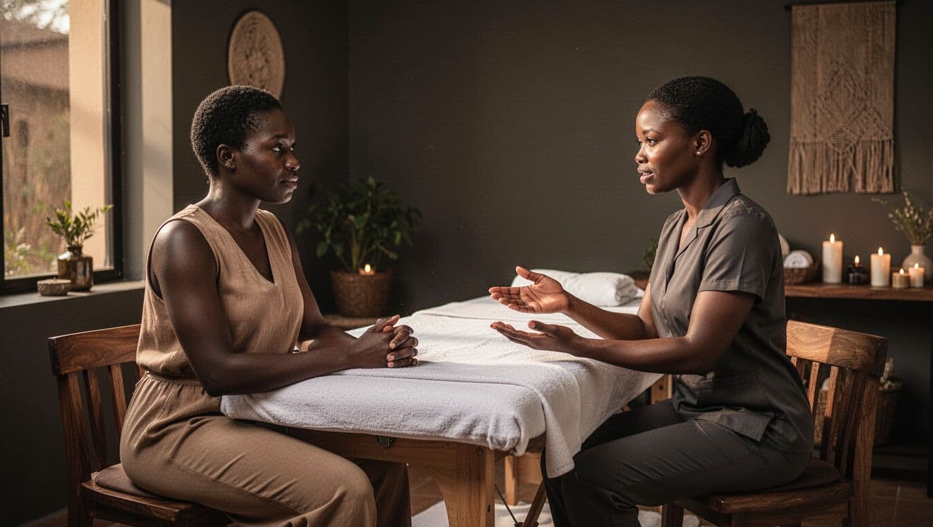 Client and massage therapist discussing treatment beside a prepared massage table.