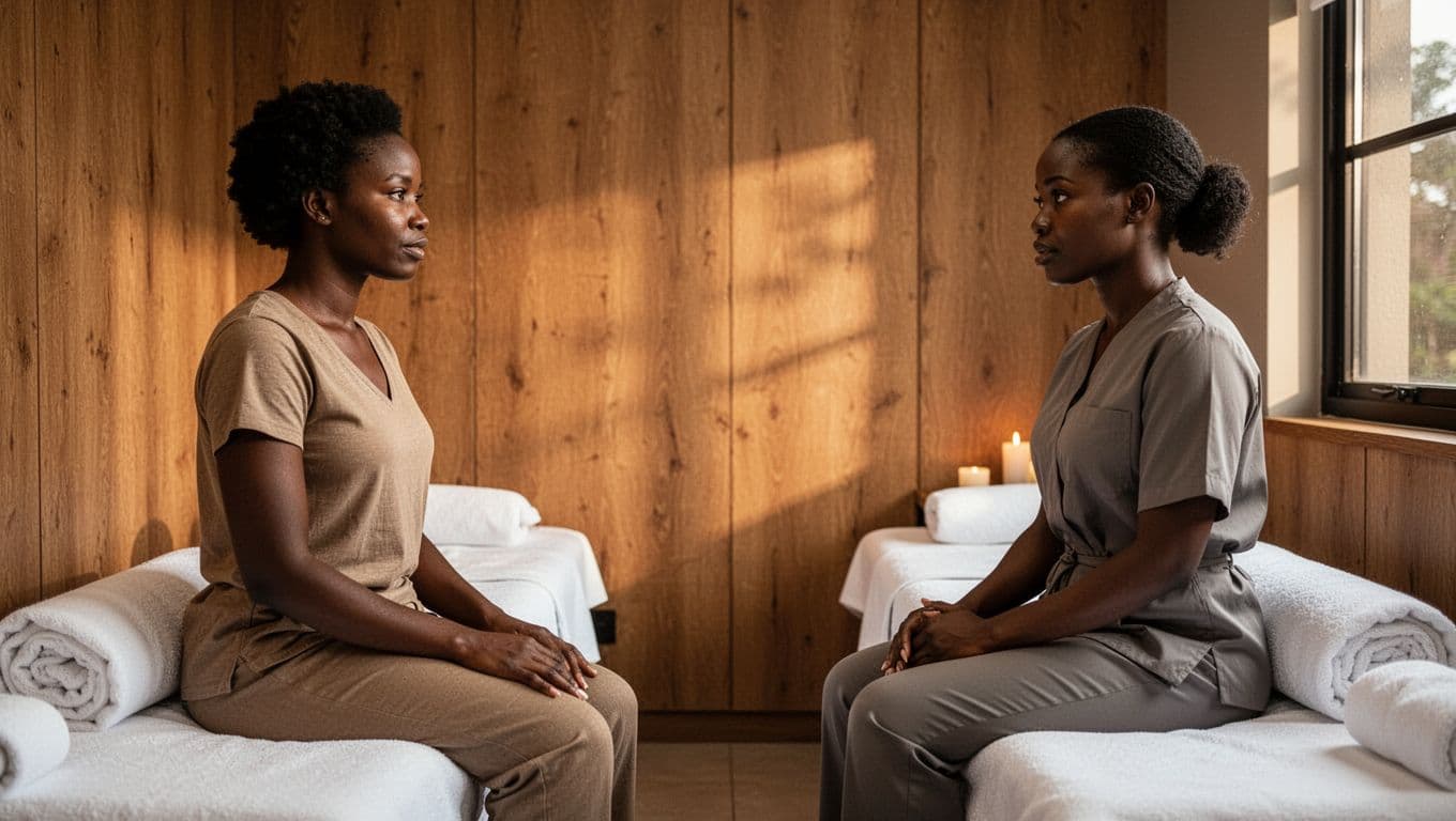 A client and therapist discuss massage treatment in a softly lit spa room.