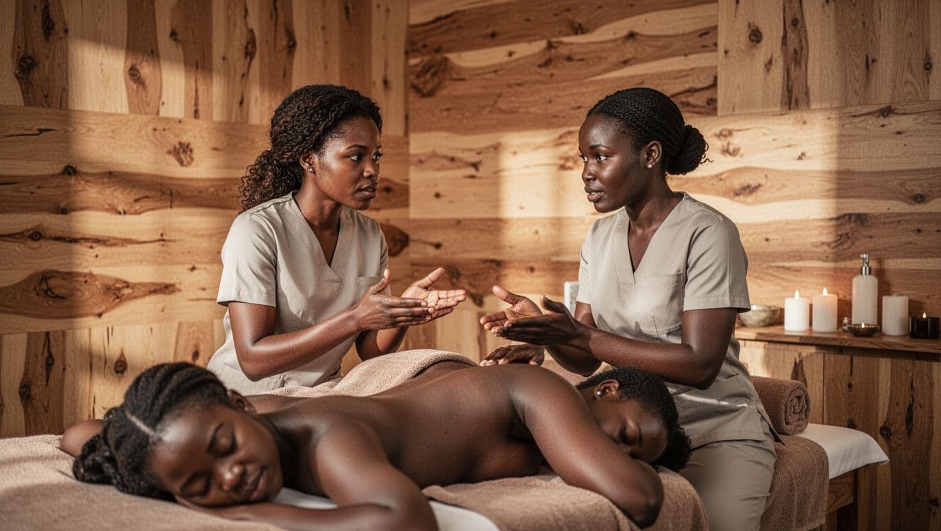 A wellness professional consults with a client in a warm Nairobi spa room.