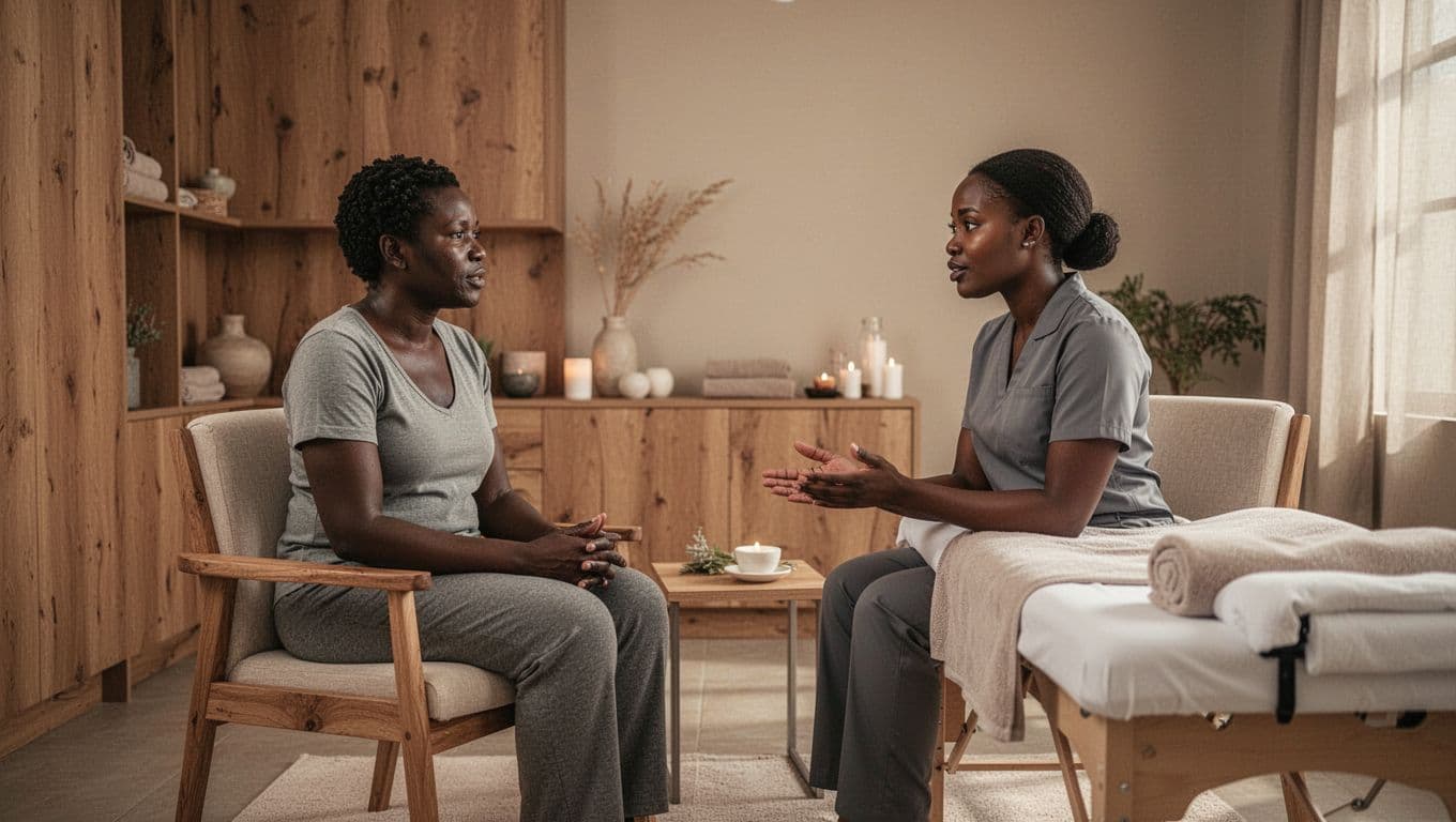 A client and massage therapist discuss care in a calm spa consultation room.