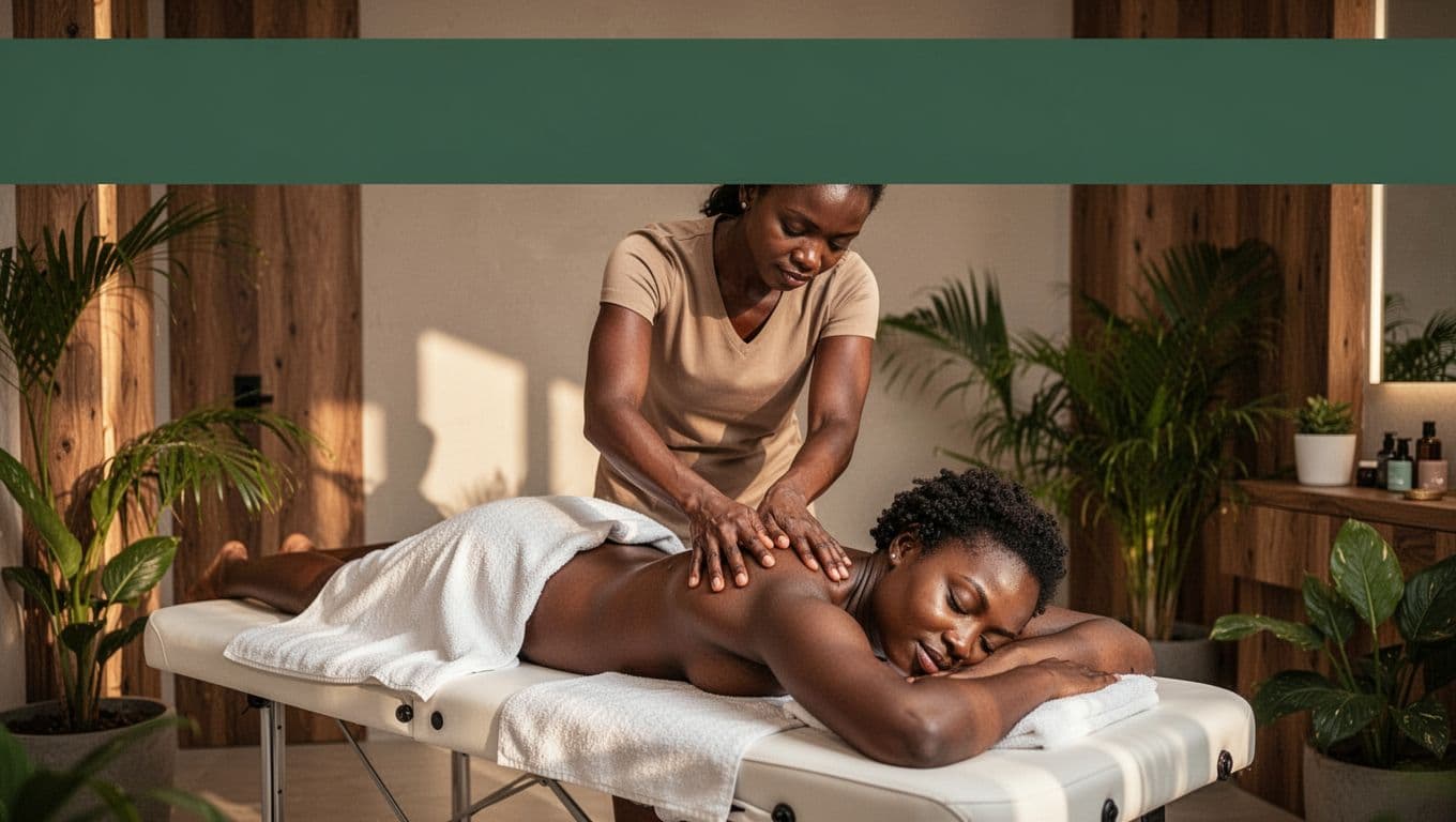 A relaxed client lies face down on a massage table in a modern Nairobi spa with wooden accents and tropical plants, receiving targeted deep tissue massage on upper back and shoulders from a focused therapist under soft warm lighting. Bold branded dark-green top band features 'Ease Aches' headline in Title Case geometric sans-serif font.