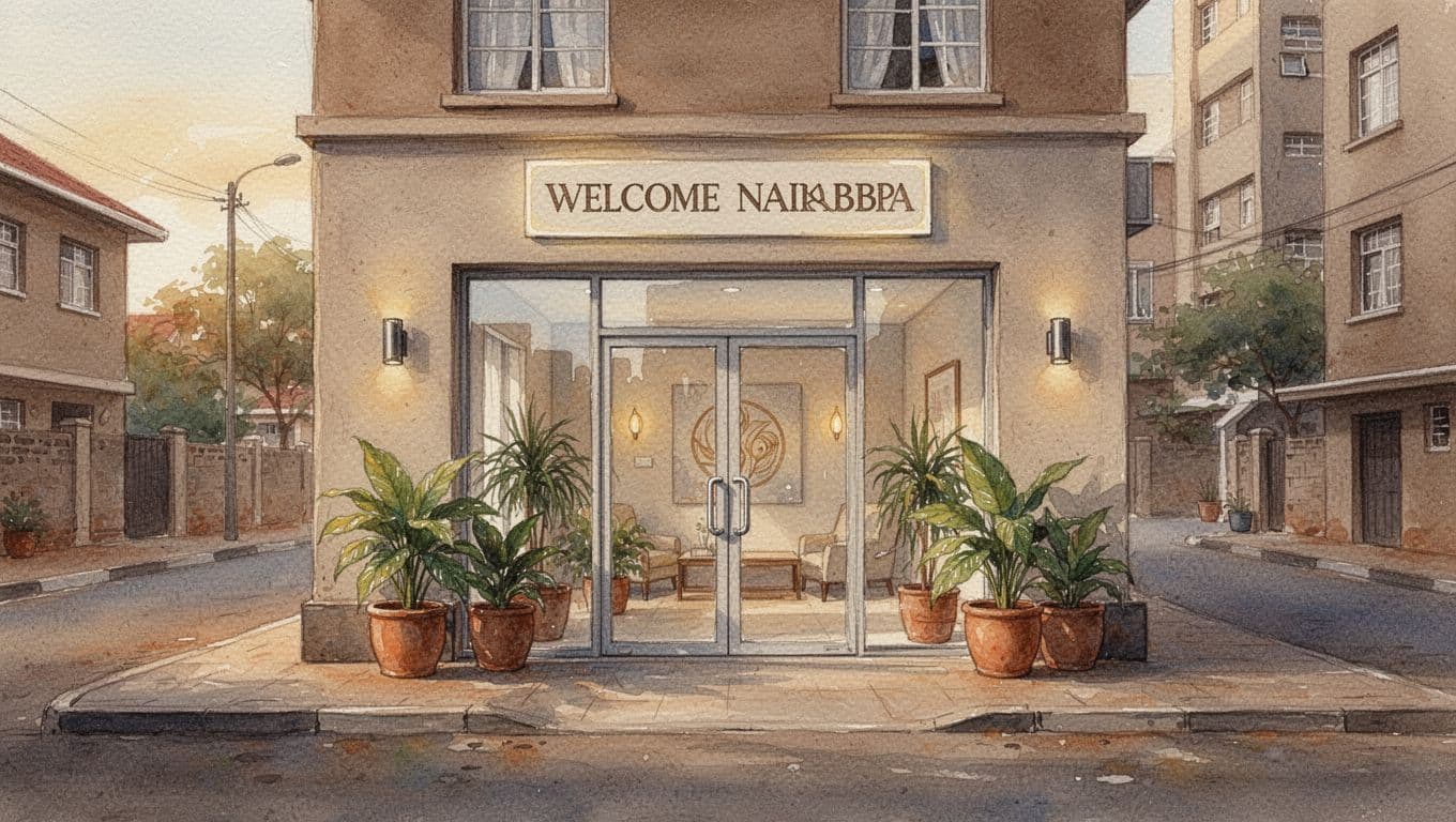 Exterior view of a welcoming Nairobi spa entrance with clean glass doors, potted plants, and soft sign lighting on a quiet urban street during golden hour. Watercolor style featuring soft blending, visible brush texture, warm earthy tones, and natural daylight.