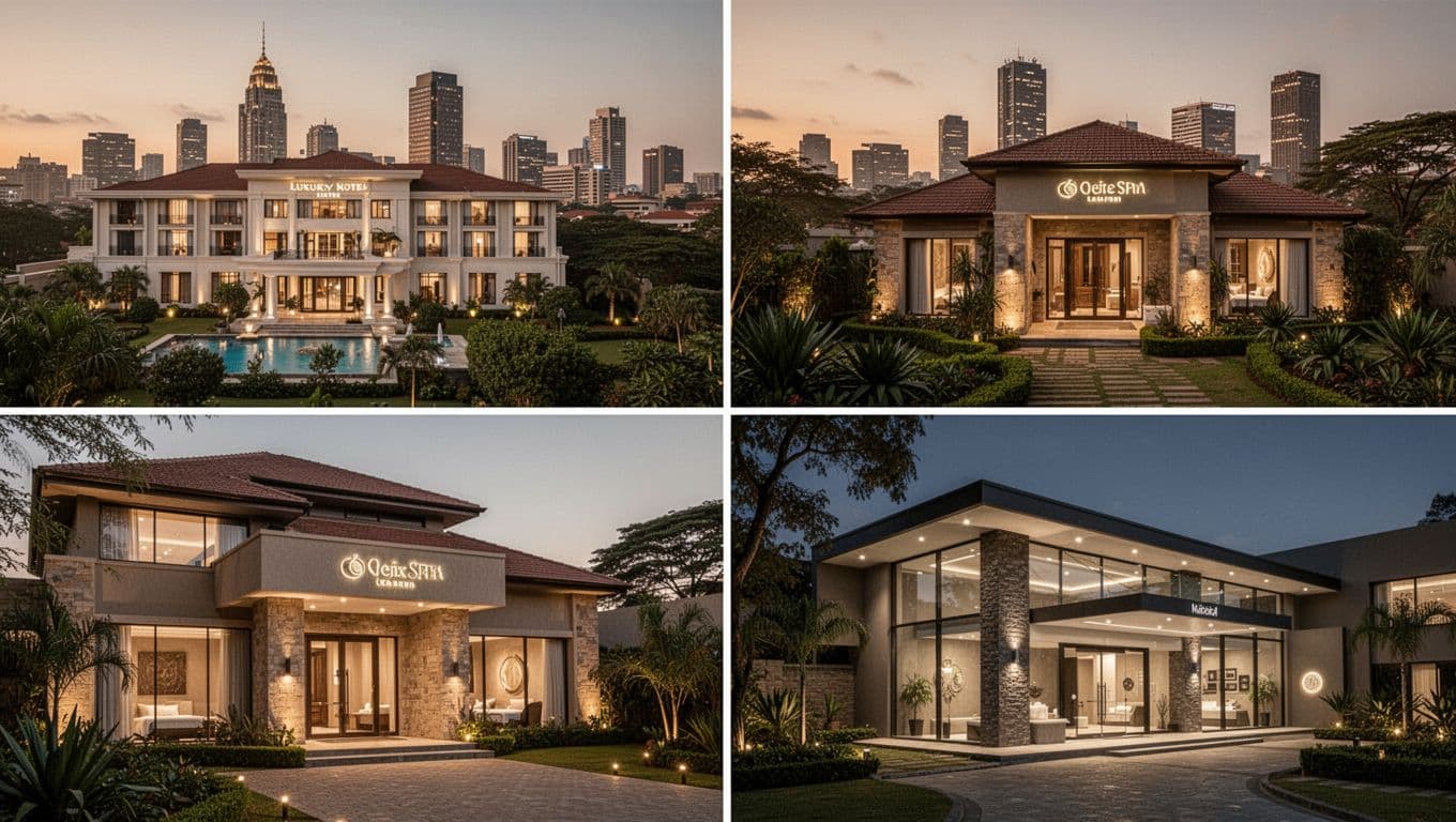 Collage-style overview of four distinct spa exteriors in Nairobi's Kilimani and Westlands areas, featuring luxury hotel spas and modern urban wellness centers with warm evening lights, city backdrop, and greenery in cinematic style.