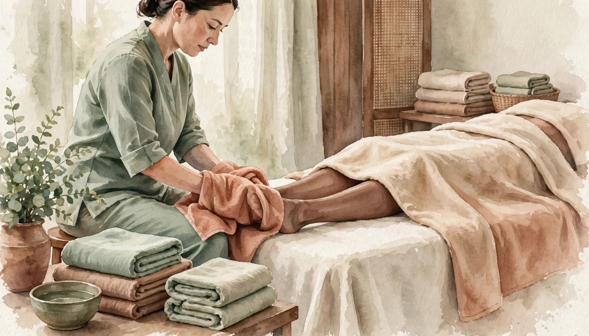 A covered client receives a foot massage in a calm spa room.