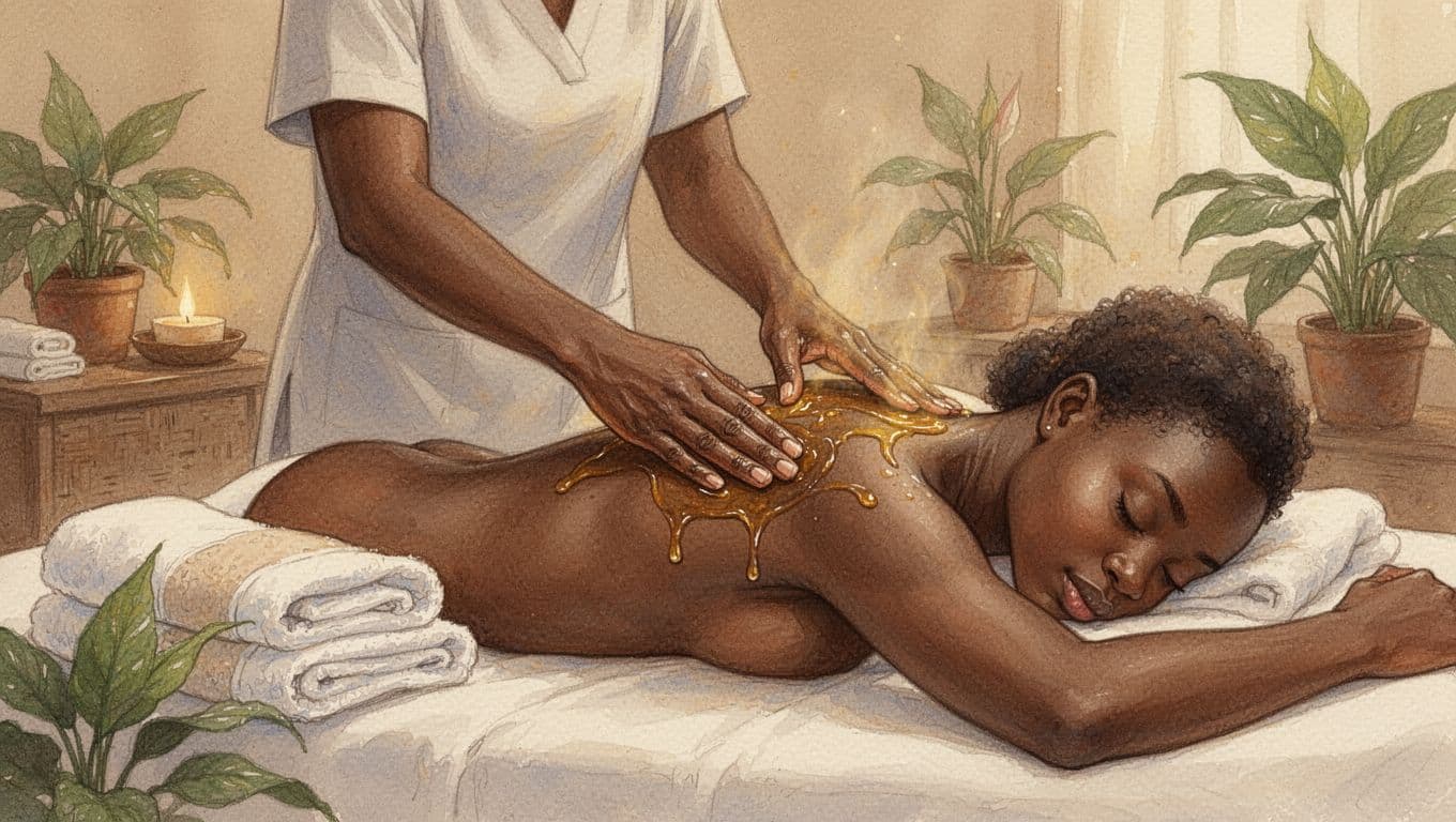 Therapist's hands apply warm glistening oil with smooth strokes to client's tight shoulders, stiff upper back, and tired legs on a massage table in a calm Nairobi spa, watercolor style.