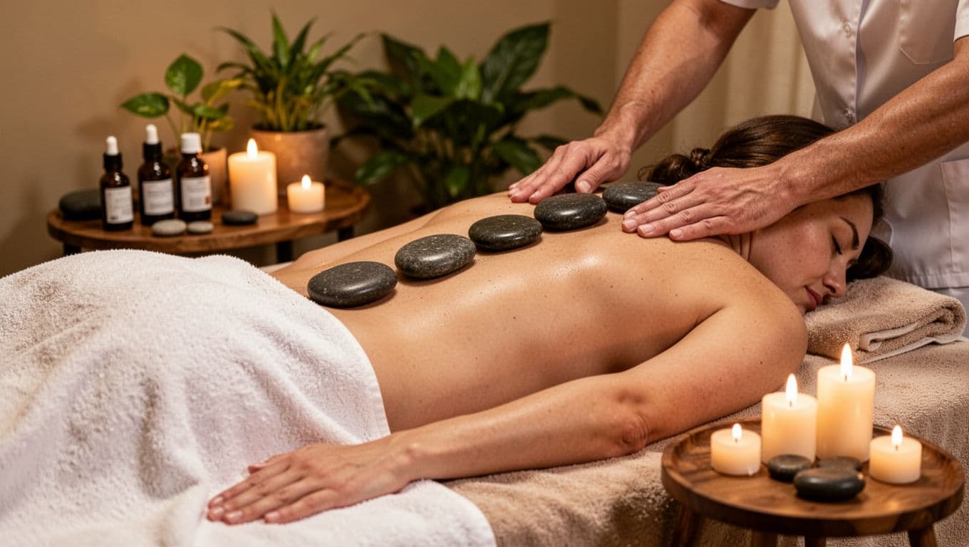 Massage Nairobi: How to Choose the Right Spa and Treatment 5 Serene Nairobi spa treatment room during a relaxing hot stone massage session, with smooth hot stones along the client's towel-draped back, essential oil bottles, green plants on a side table, and soft candle lighting creating a peaceful atmosphere.