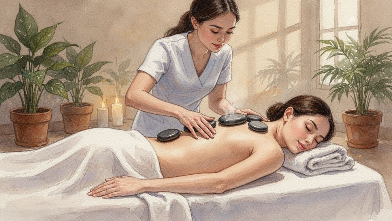 Professional female therapist placing smooth heated stones along a relaxed client's spine and shoulders during a hot stone massage in a serene spa room with warm ambient lighting and potted plants, watercolor style.