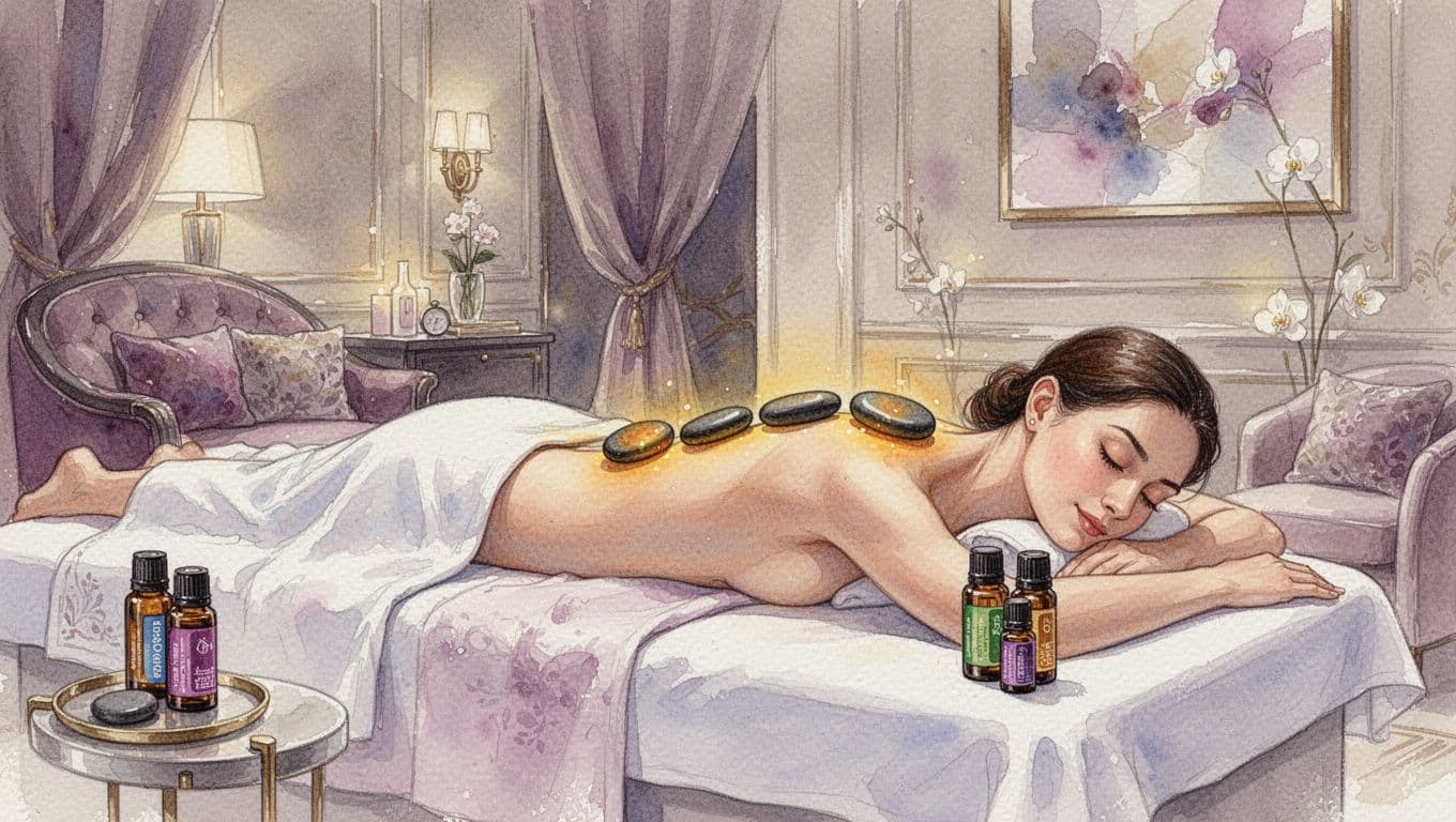 Smooth warm hot stones along the spine and shoulders of a relaxed client on a massage table in a luxurious Nairobi spa room, with essential oil bottles nearby and soft ambient lighting creating a serene watercolor mood.