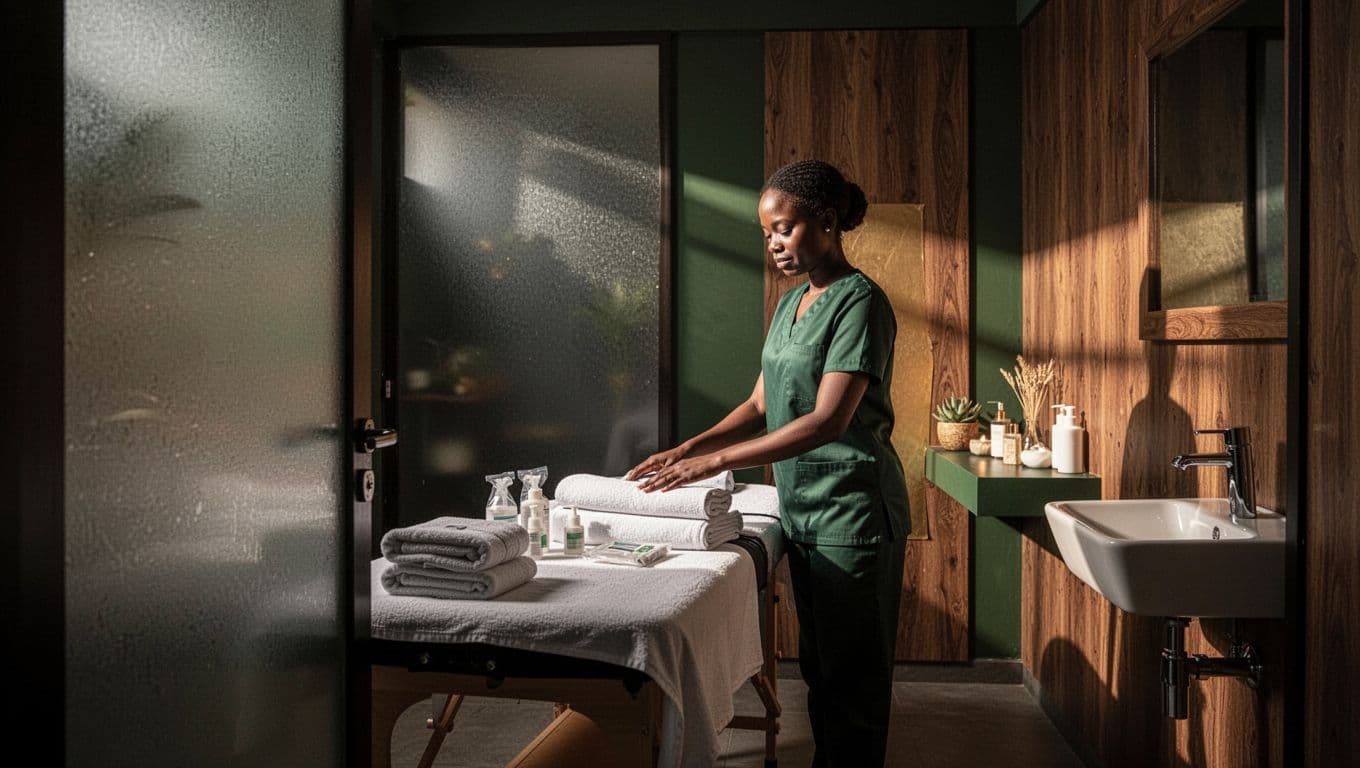 A wellness worker prepares a massage room with towels, supplies, and a sink.