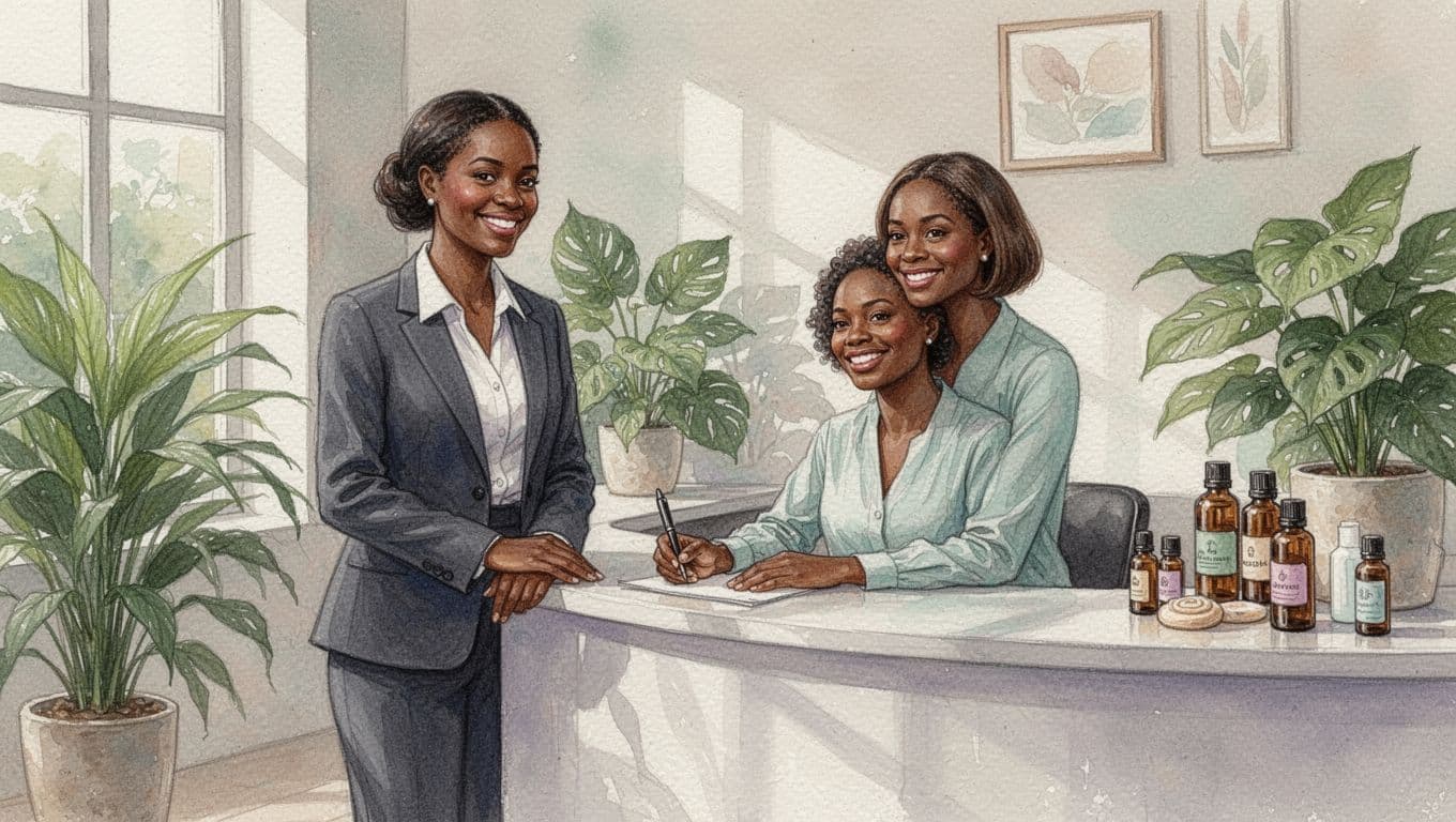 Female therapist in uniform stands beside seated female client holding intake form and pen at serene Nairobi spa reception desk, both smiling relaxed with green plants and essential oil bottles in background, watercolor style.