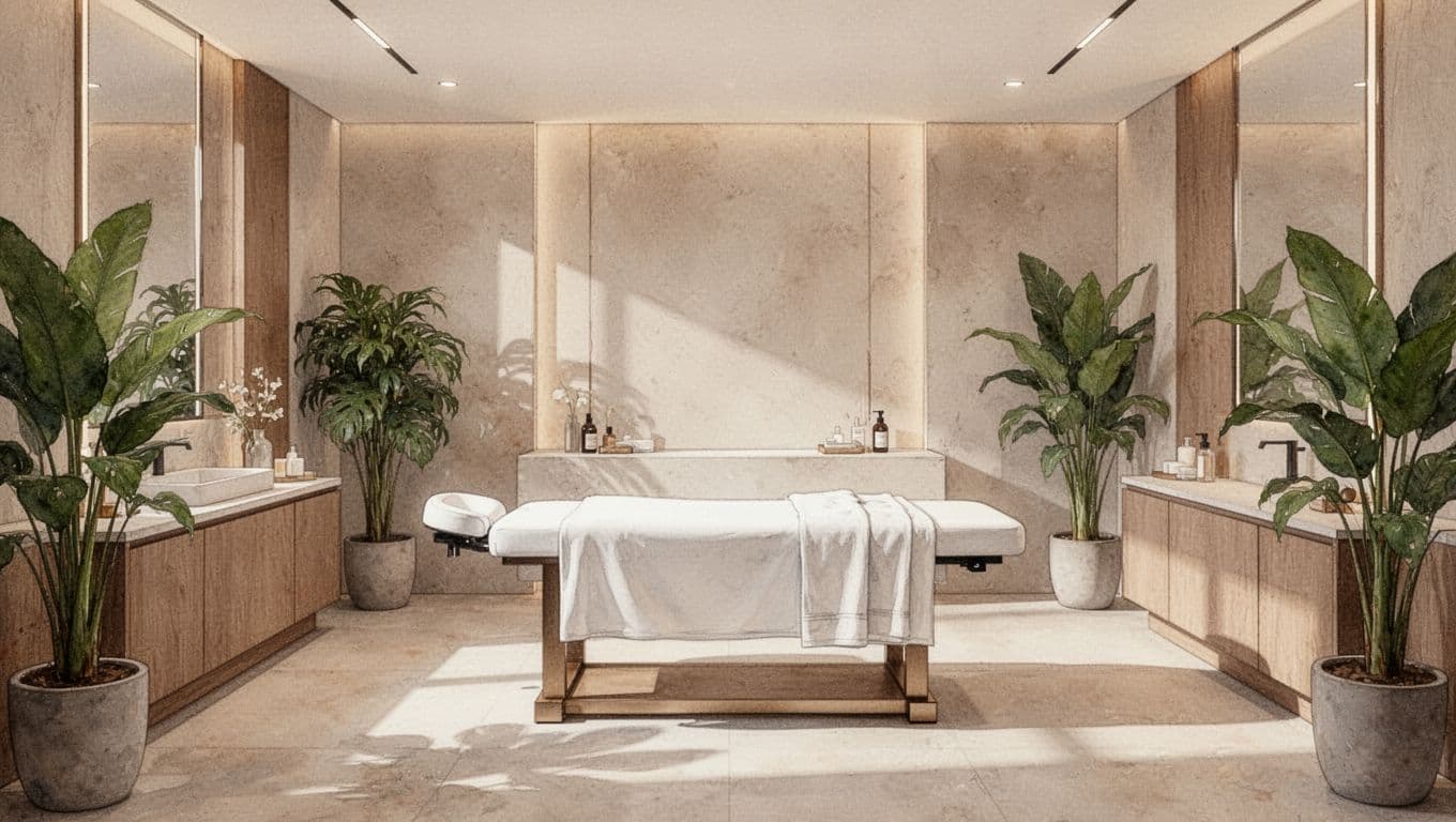 A refined massage table sits centrally in a serene, watercolor-styled spa room. Lush green indoor plants provide organic contrast to the soft earth-toned walls and diffused, ambient golden lighting.