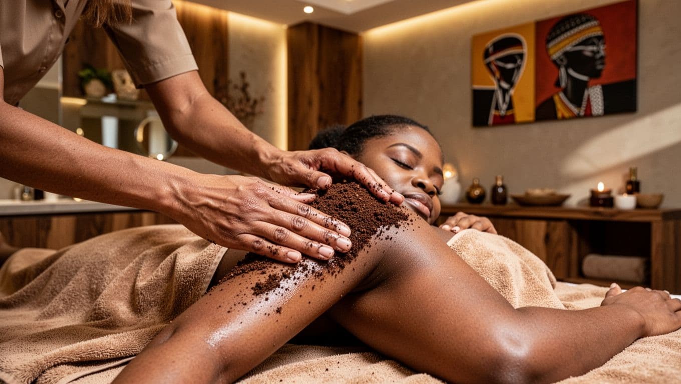 Therapist applies natural Kenyan coffee scrub to relaxed client's arm and shoulder in a luxury Nairobi spa with modern decor, wooden elements, Kenyan art, and warm lighting.