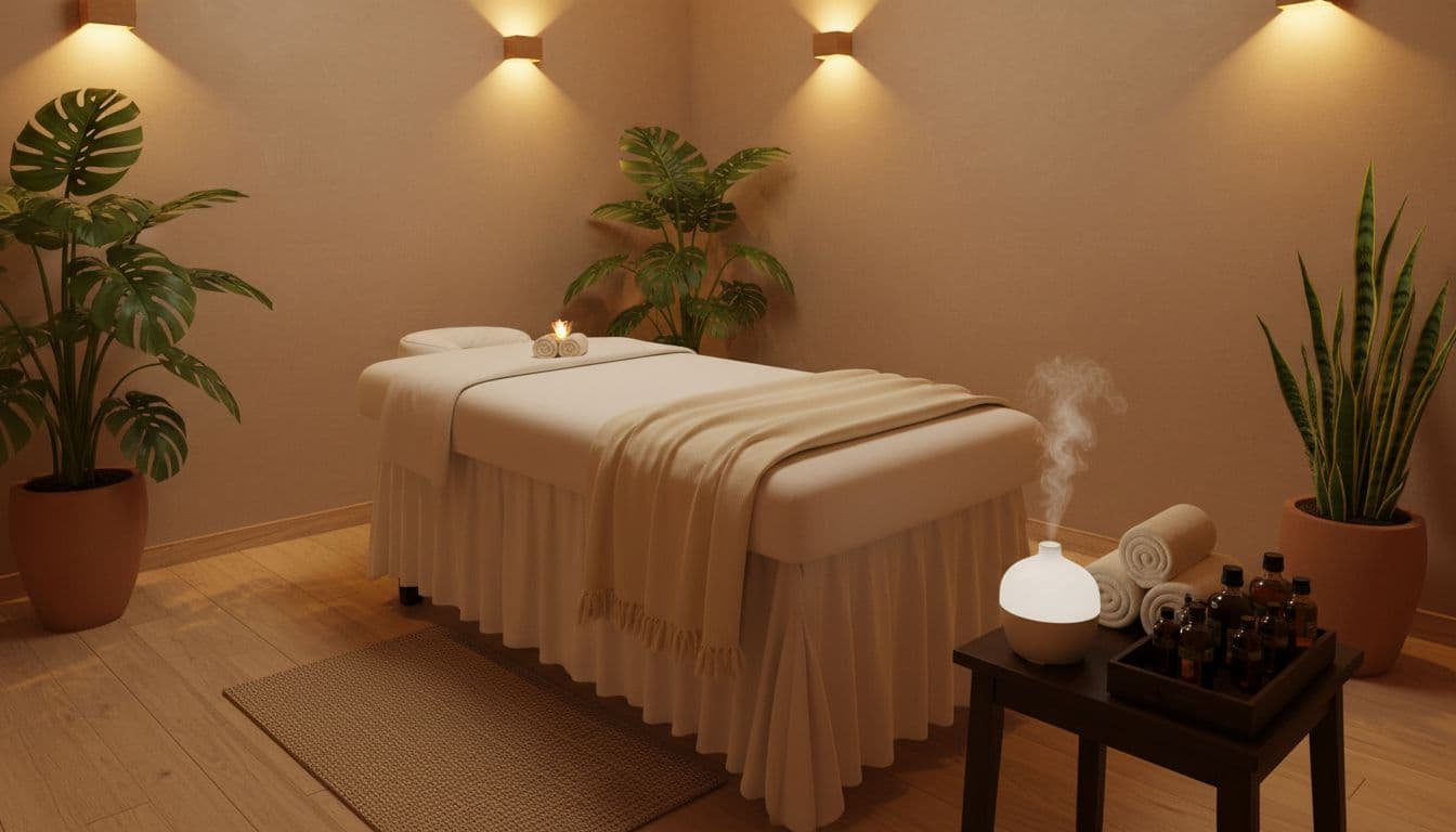 Cozy, clean spa treatment room at Nairobi Spa & Massage in Kilimani with a massage table draped in fresh white linens, soft ambient lighting, potted plants, essential oil diffuser, and neatly arranged towels and oils, evoking a serene and inviting atmosphere.
