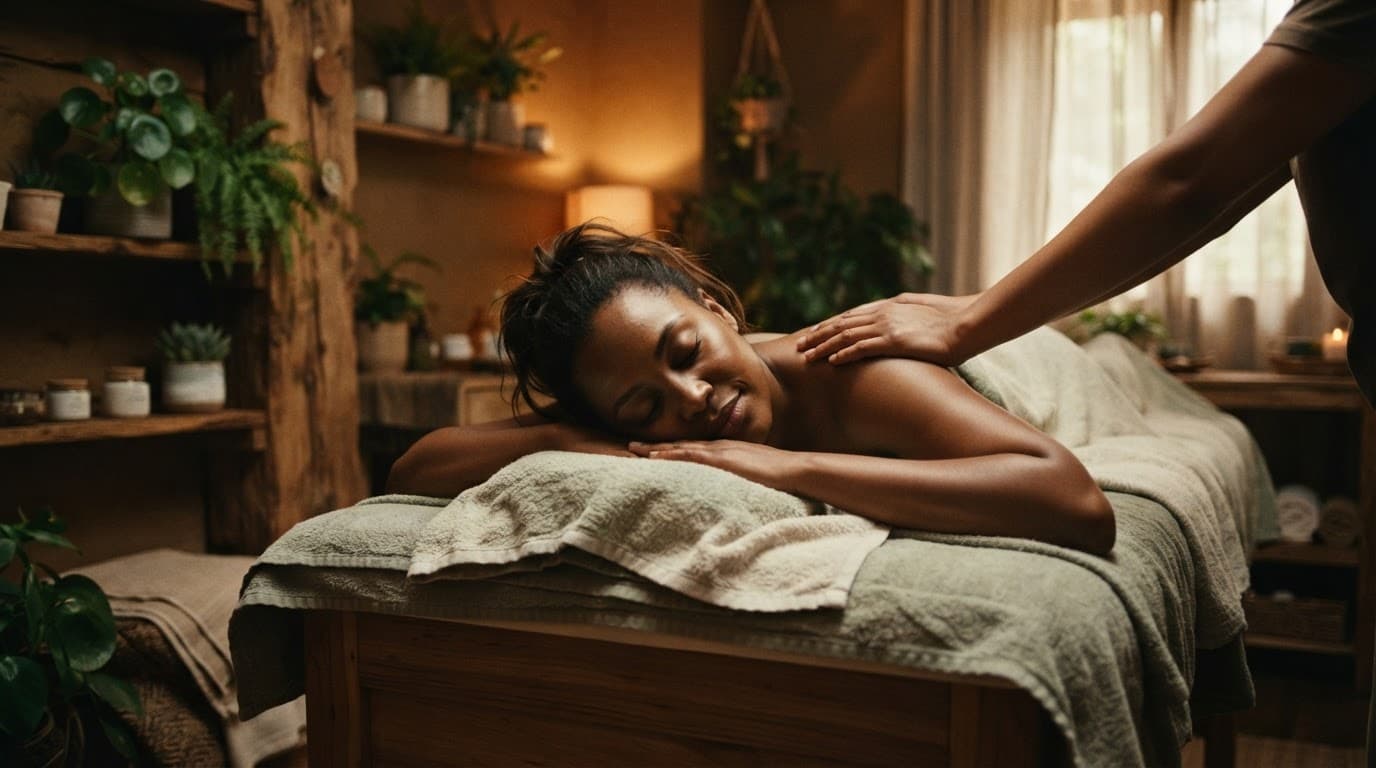 A client rests on a massage table in a warm spa room with plants and towels.
