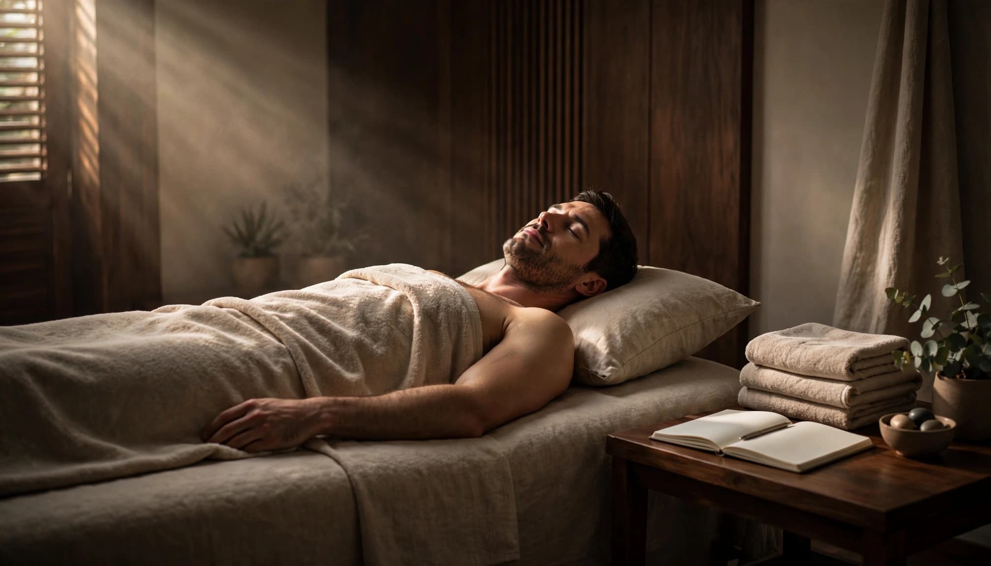 An adult client rests on a massage table beside towels and a notebook.
