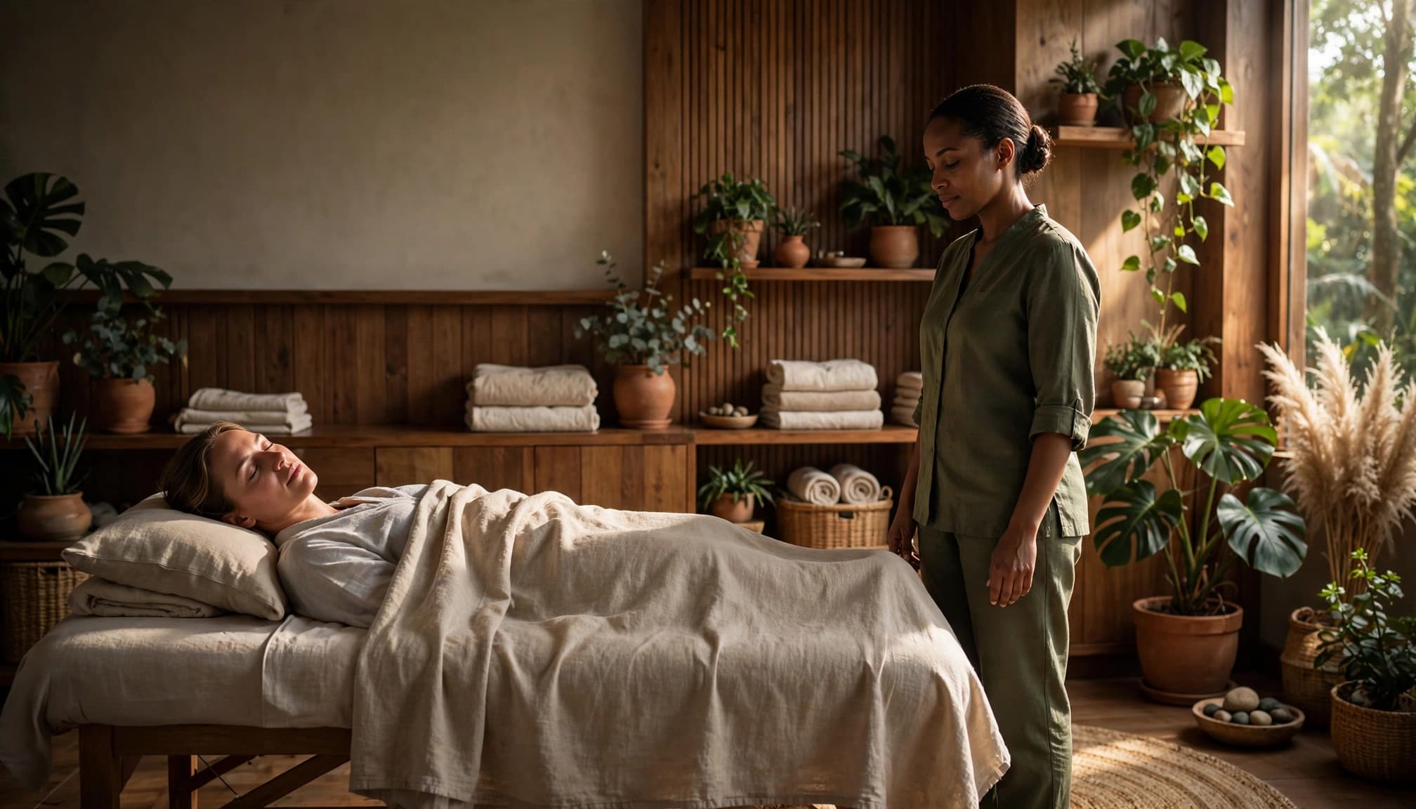 Client rests on a massage table as a therapist stands nearby in a calm spa.