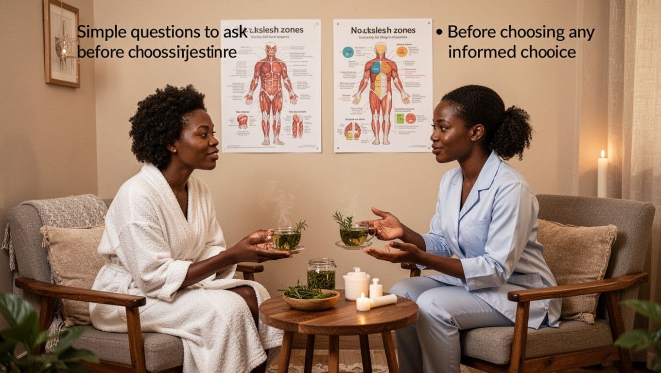 Client and therapist discussing massage options over herbal tea in a cozy Nairobi spa corner, with body zone charts on the wall, relaxed seating, and soft lighting.