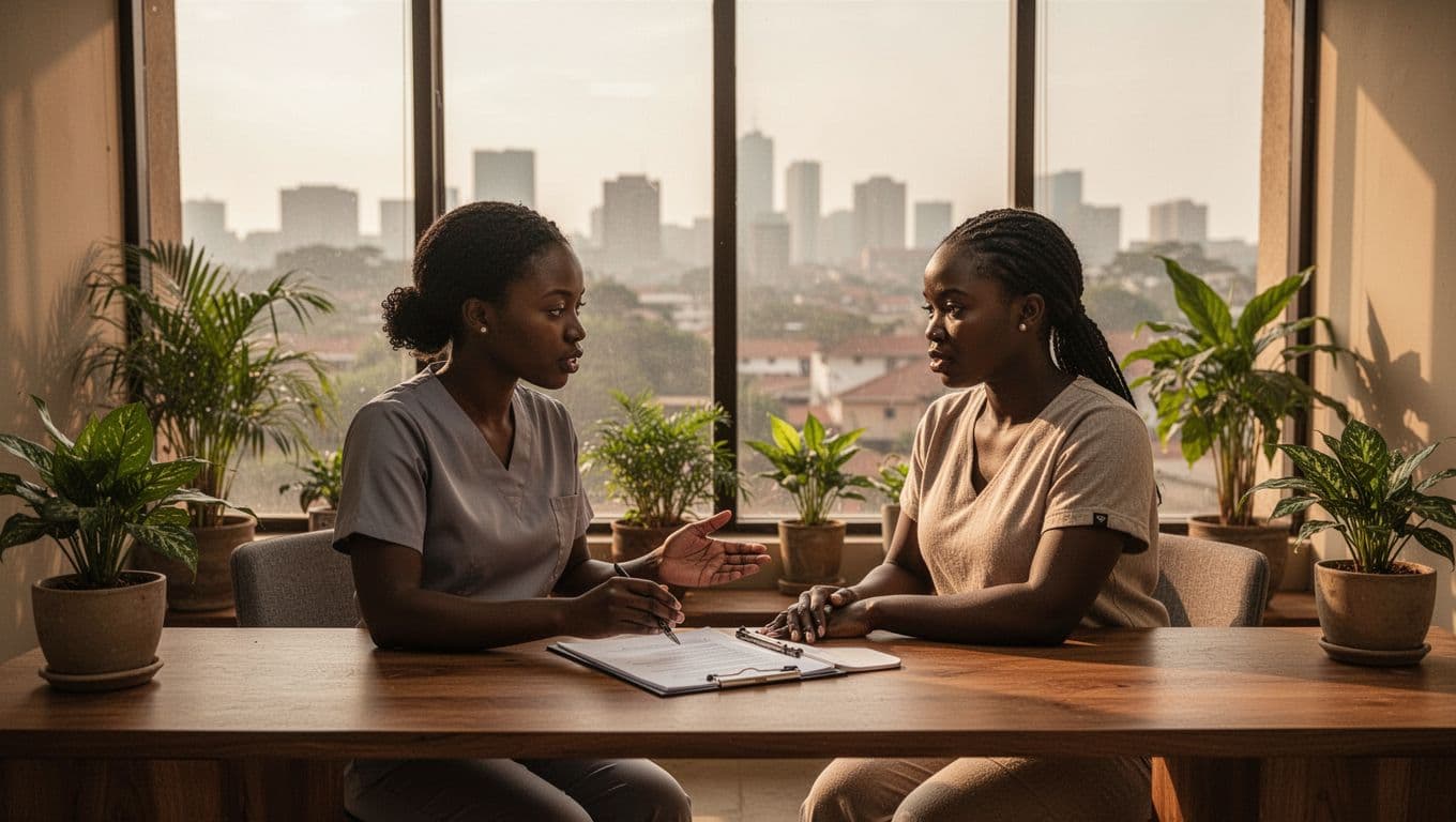 A client discusses massage options with a therapist at the serene reception desk of a Nairobi spa, featuring a consultation form, warm lighting, potted plants, and a city view window in the background. Cinematic style emphasizes strong contrast, depth, and dramatic lighting.