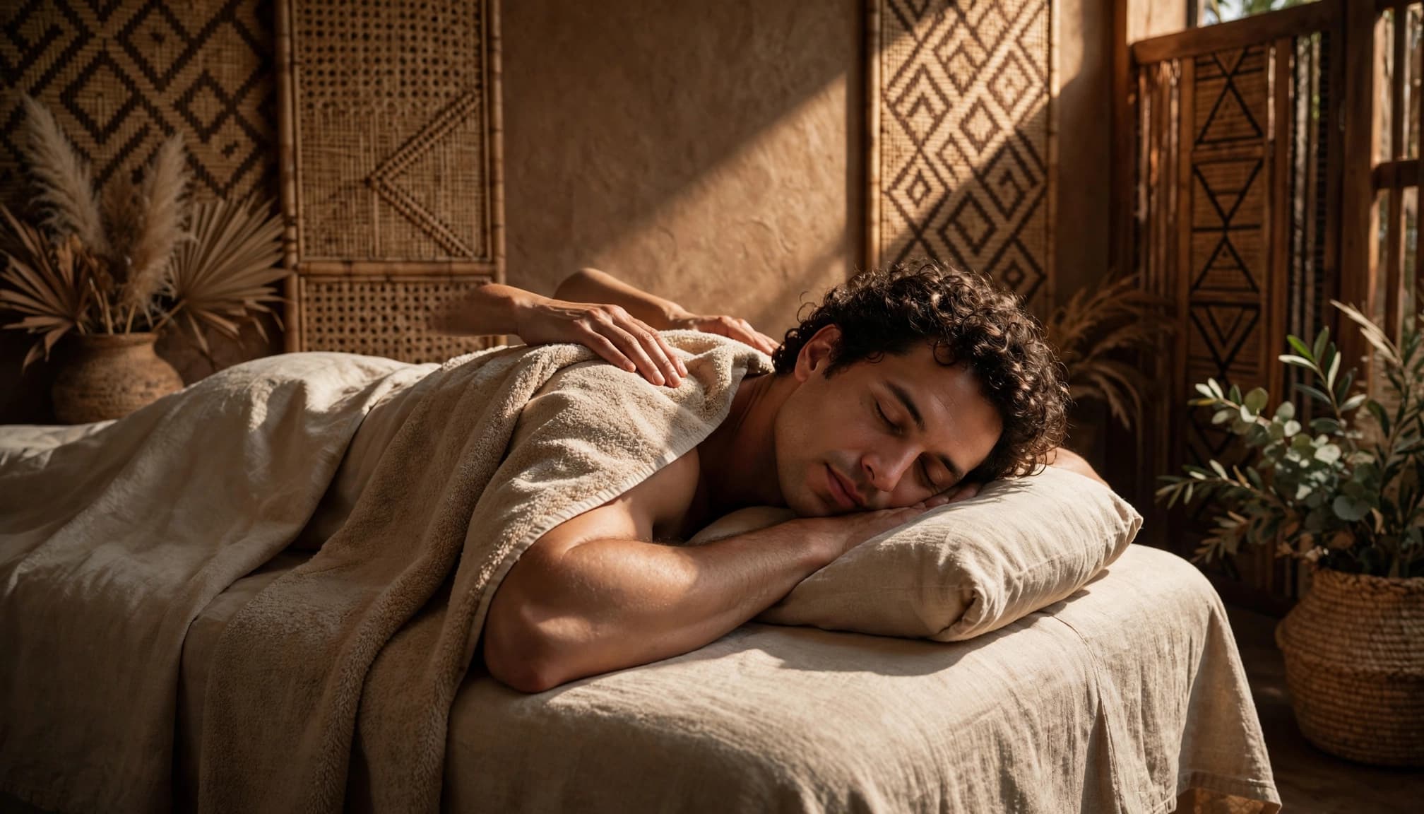 An adult client rests on a massage table in a warmly lit Nairobi spa.