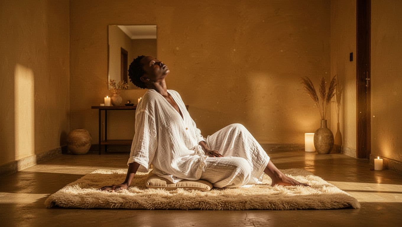 Client wearing loose cotton clothes sitting on a massage mat in a dimly lit spa room.