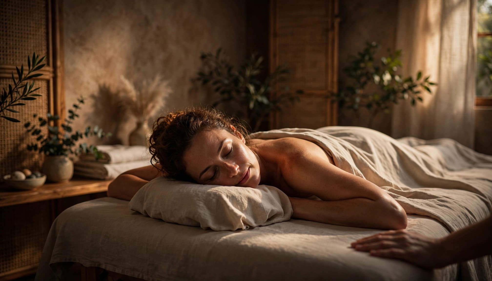 A draped client relaxes on a massage table in a warmly lit spa room.