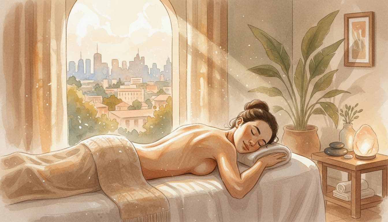 A person relaxes on a massage table in a cozy Nairobi spa room bathed in soft afternoon light, muscles loosening in watercolor style with warm earthy tones.