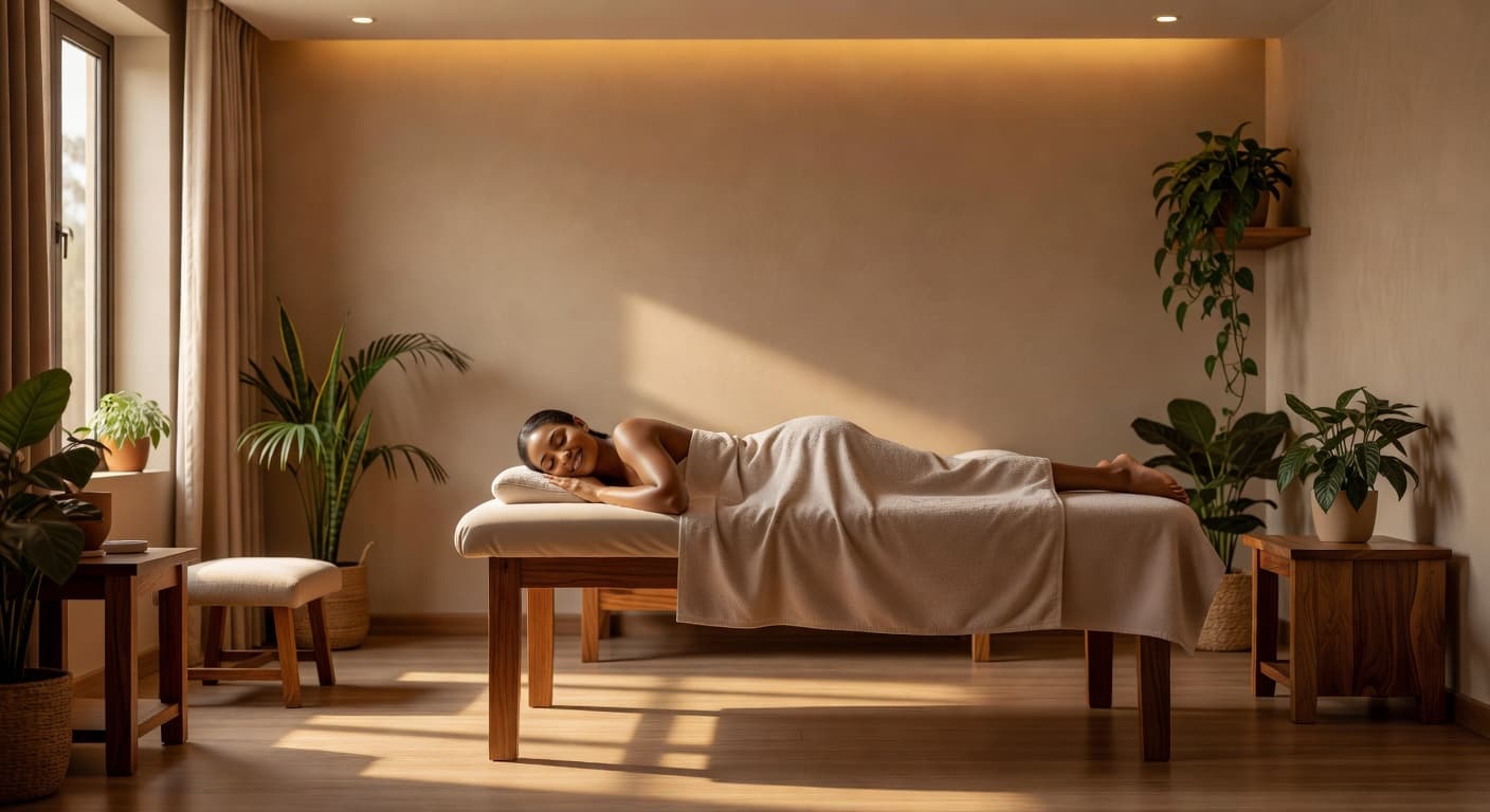 A woman rests peacefully on a wooden massage table in a dimly lit, modern spa room. Soft ambient light highlights indoor greenery and warm neutral textures surrounding the quiet, tranquil space.