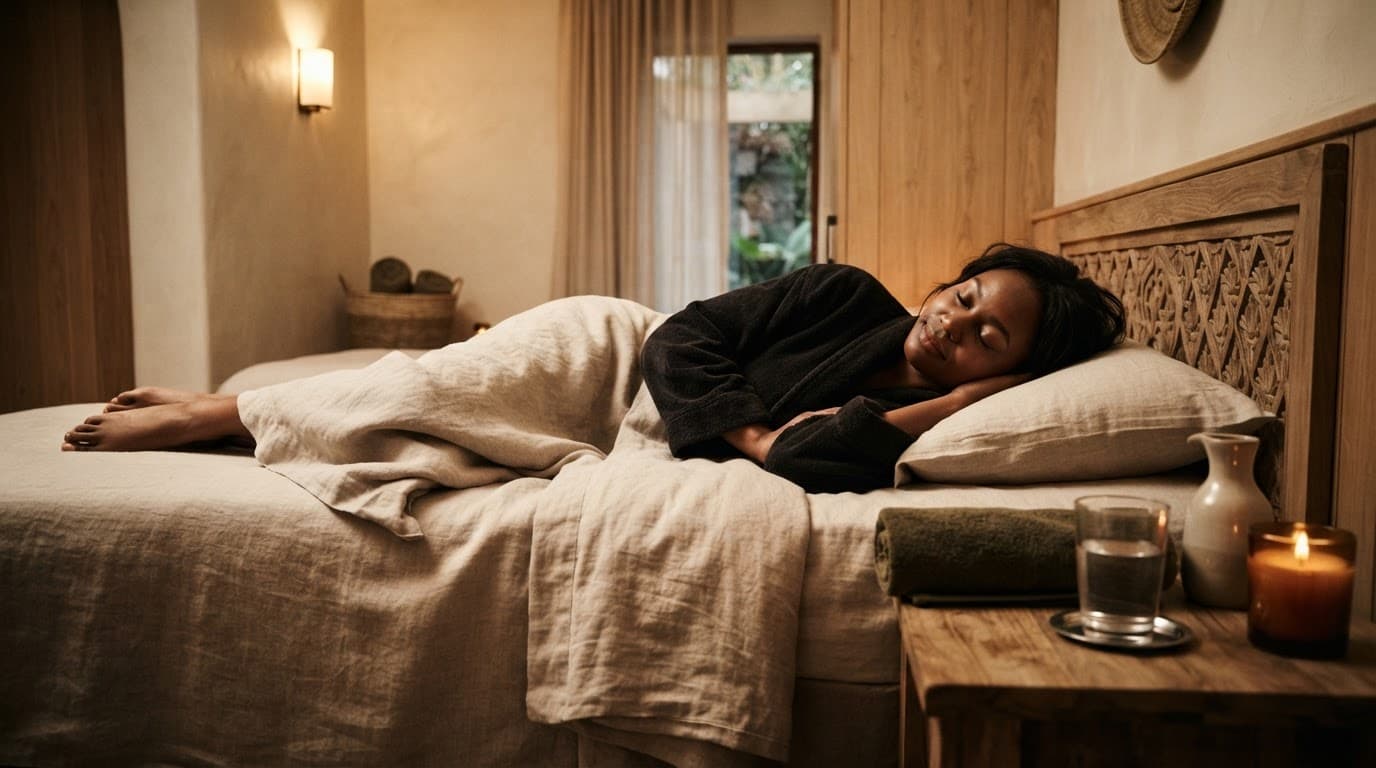 An adult client rests on a spa table with a towel and water nearby.