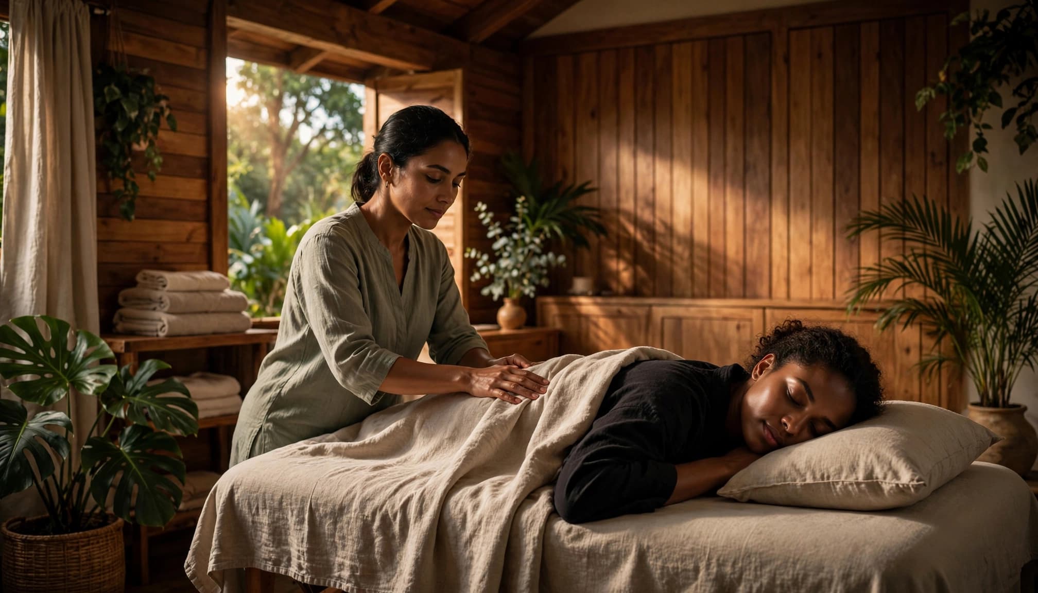 A client relaxes on a massage table as a therapist provides a shoulder massage in a warmly lit spa room.