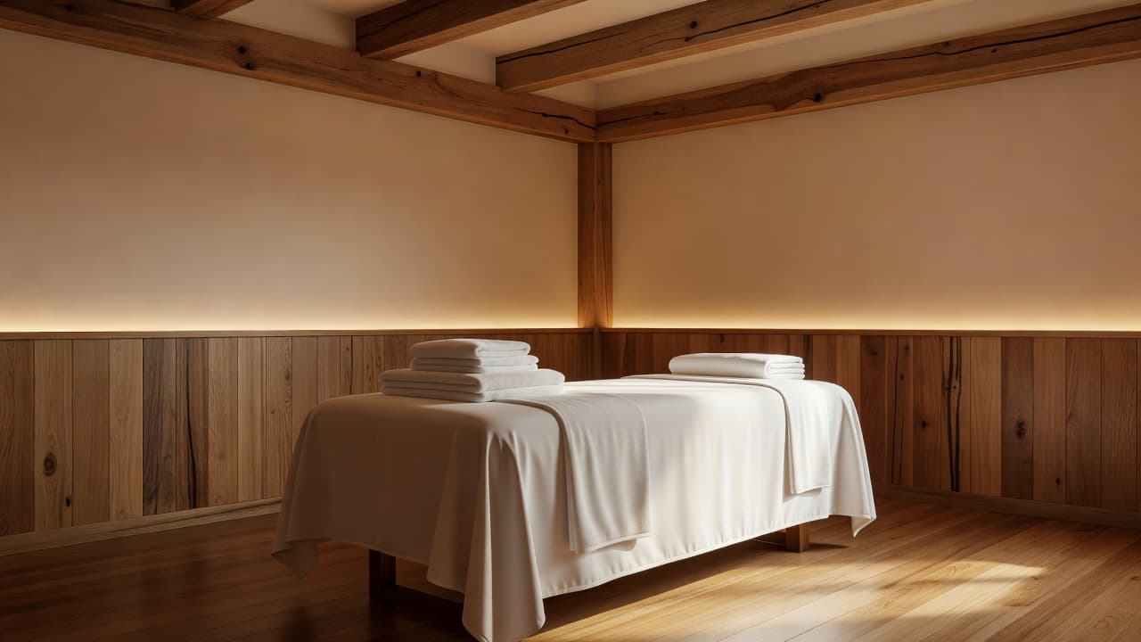 A plush massage table with folded white towels sits in a minimalist room featuring natural wooden accents. Soft ambient lighting creates a tranquil atmosphere against the clean and modern spa interior.