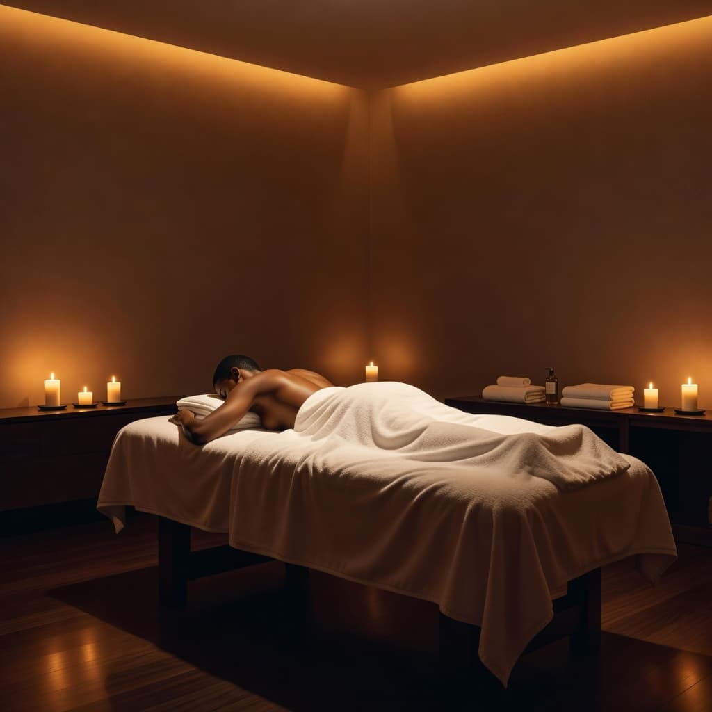 A client relaxes on a massage table under warm amber lighting in a calm spa room.
