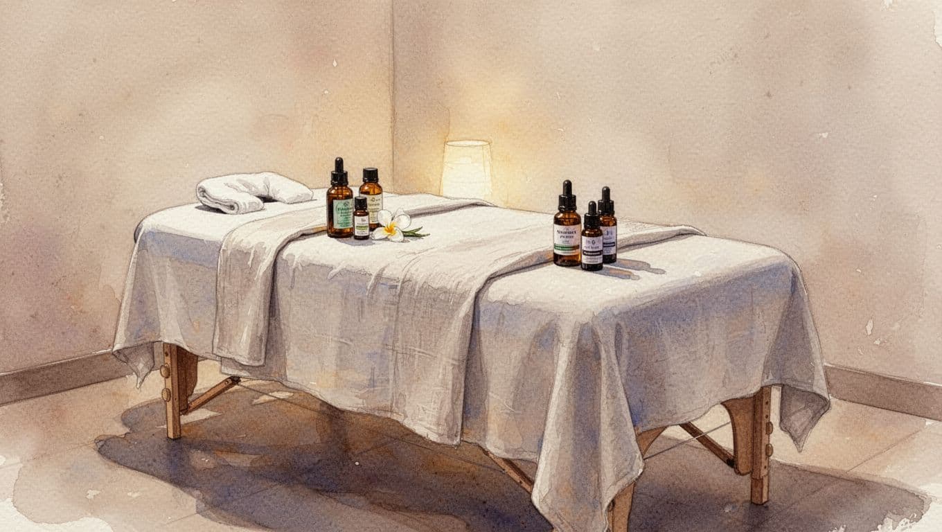 A watercolor-style massage room features a plush treatment table centered beneath warm, soft lighting. Bottles of aromatic essential oils sit nearby on a small shelf, creating a tranquil and inviting atmosphere.