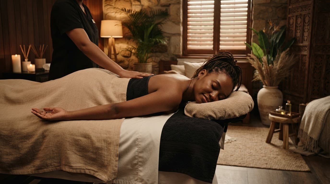 A client rests on a massage table in a warmly lit Nairobi spa room.