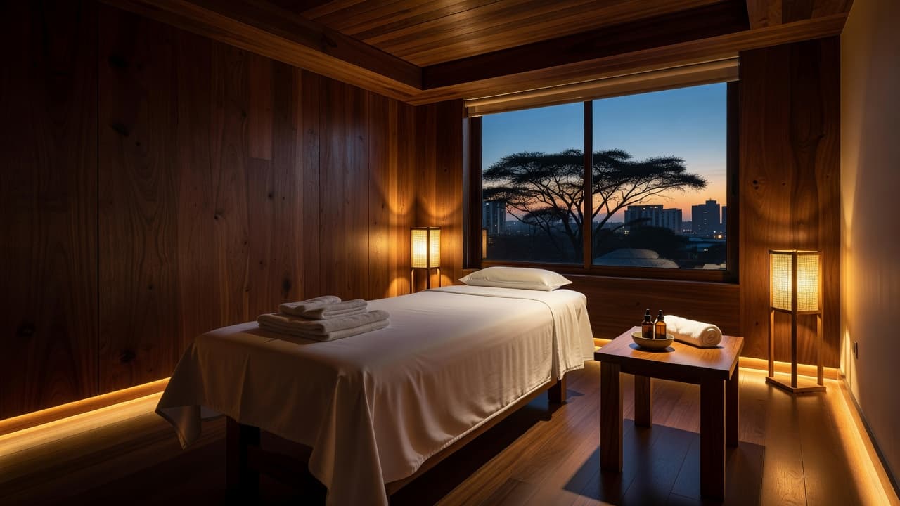 A serene massage room with white linens and warm lighting.