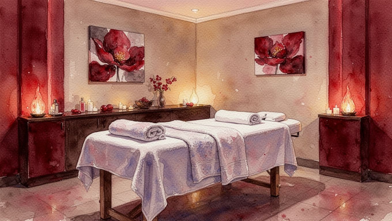 Full Body Massage Nairobi: 2026 Price Guide 1 Xxnairobi- Best Escorts in Nairobi Directory in Kenya A peaceful Nairobi spa room with a massage table, towels, warm light, and red accents.