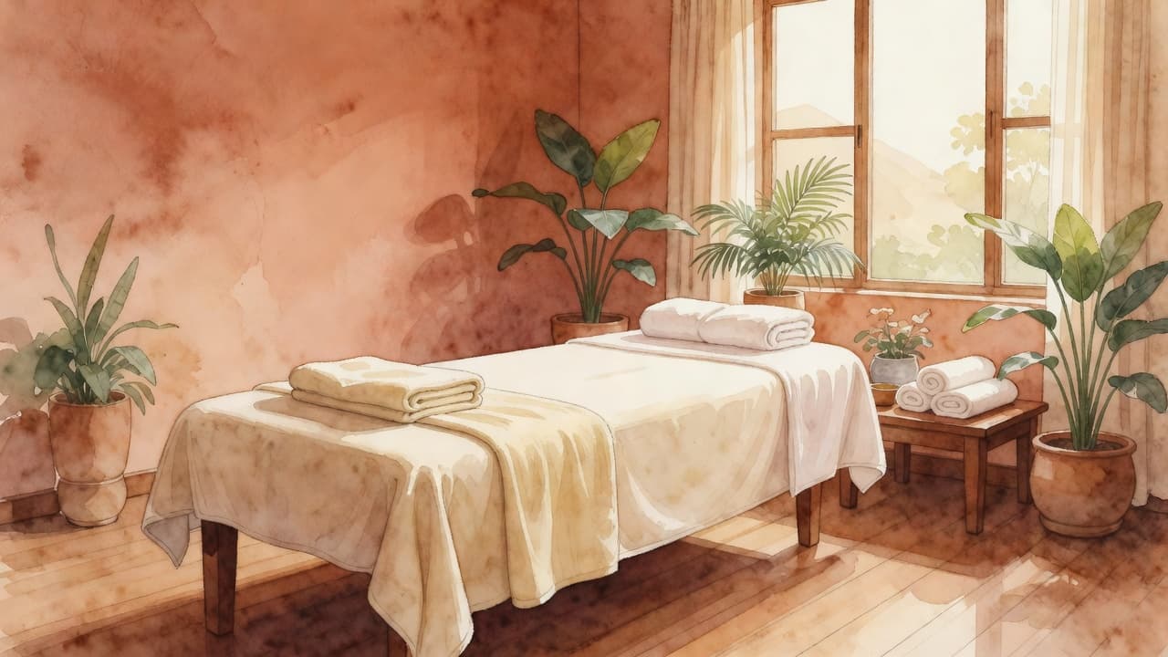 A wooden massage table sits centered in a room featuring warm earthy tones and soft ambient lighting. The watercolor textures create a dreamlike, tranquil atmosphere perfect for therapeutic spa treatments.
