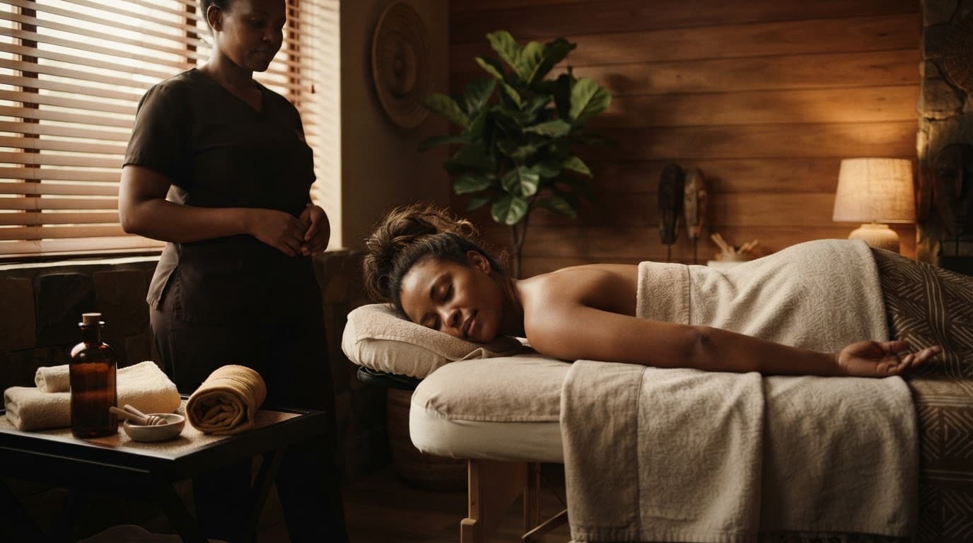 Client resting on a massage table with a therapist and spa supplies nearby.